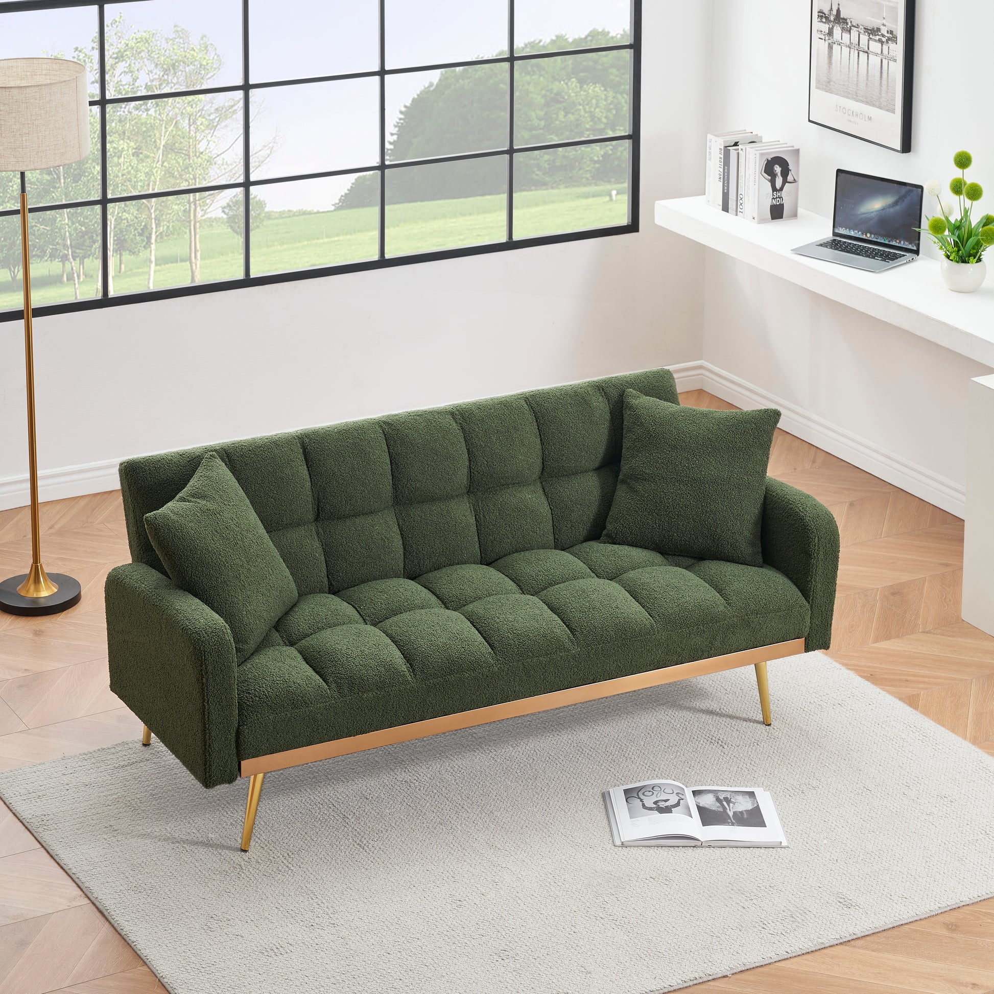 69 "Green Sofa Bed, Adjustable Sofa Teddy 2 Throw Pillows Green Fabric 2 Seat