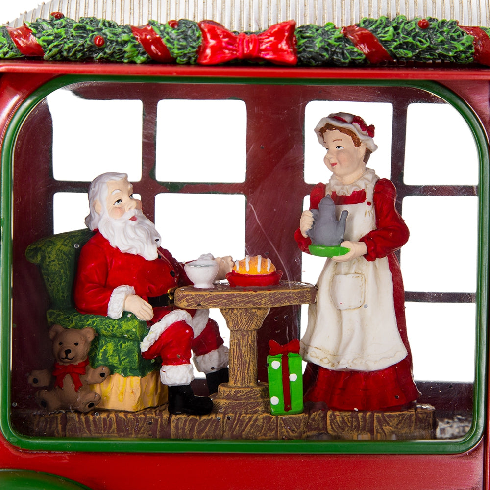 11.3X4.4X8"H Christmas Plastic Resin Camper With Mr & Mrs Santa Tea Time Led Water Spinning 2 Way Switch, 3*Aa Required Red Plastic