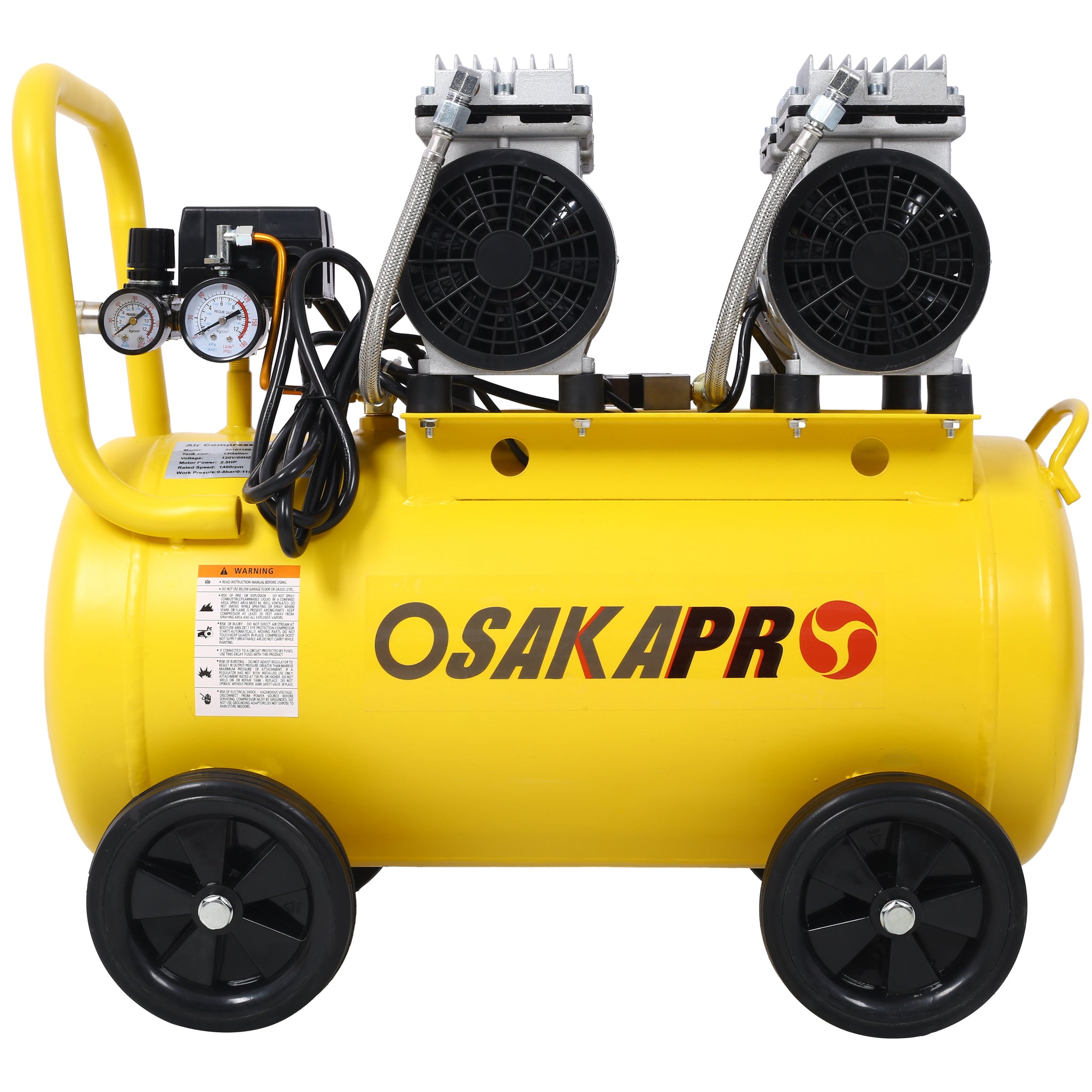 2.5 Hp Silent Air Compressor 13 Gallon, Oil Free, Electric Shop Air Compressor Portable,Lightweight With Wheels, 70 Dba Noise Level, With Automatic Drain Valve,Yellow Yellow Metal