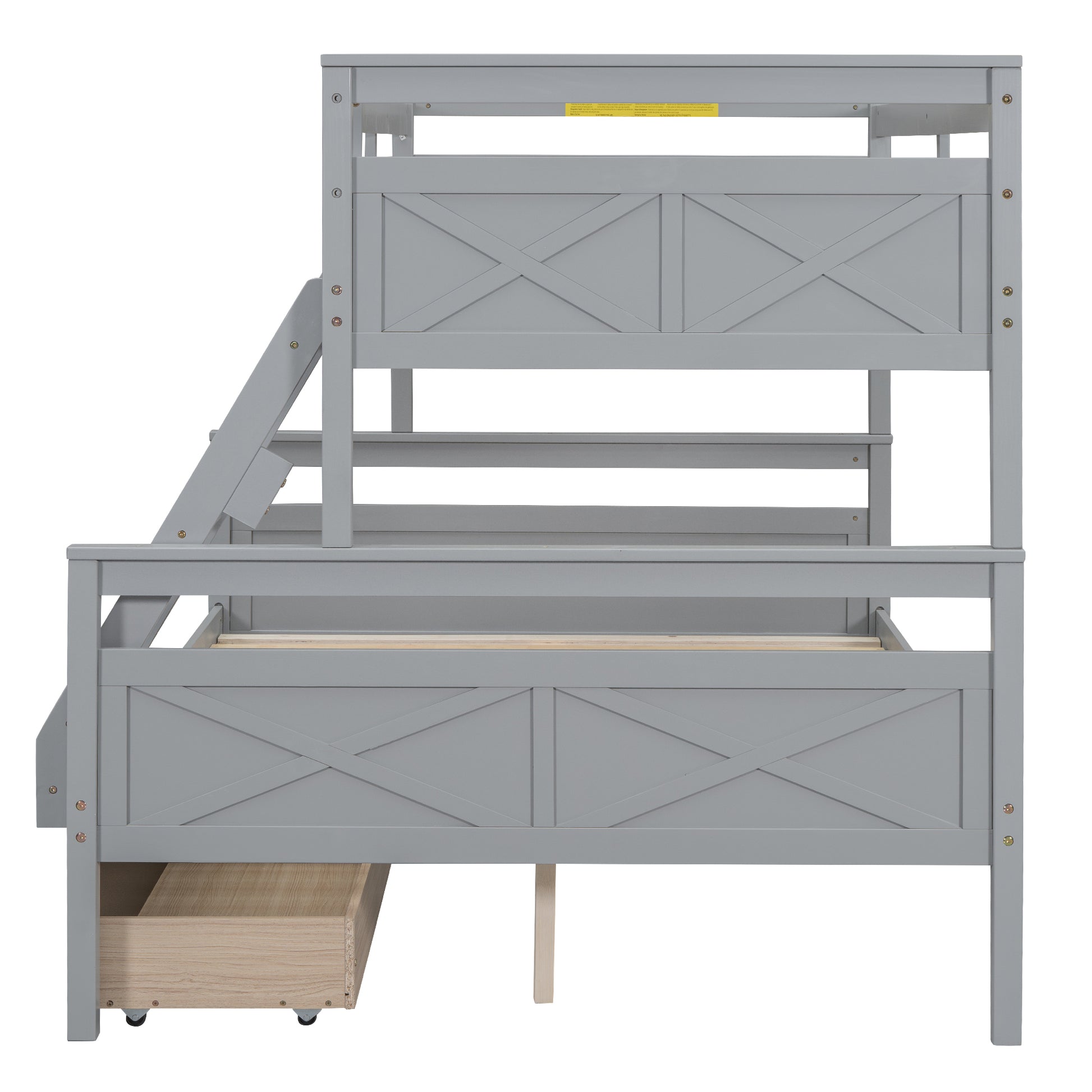 Twin Over Full Bunk Bed With Ladder, Two Storage Drawers, Safety Guardrail, Gray Box Spring Not Required Twin Gray Wood Bedroom Bunk Pine