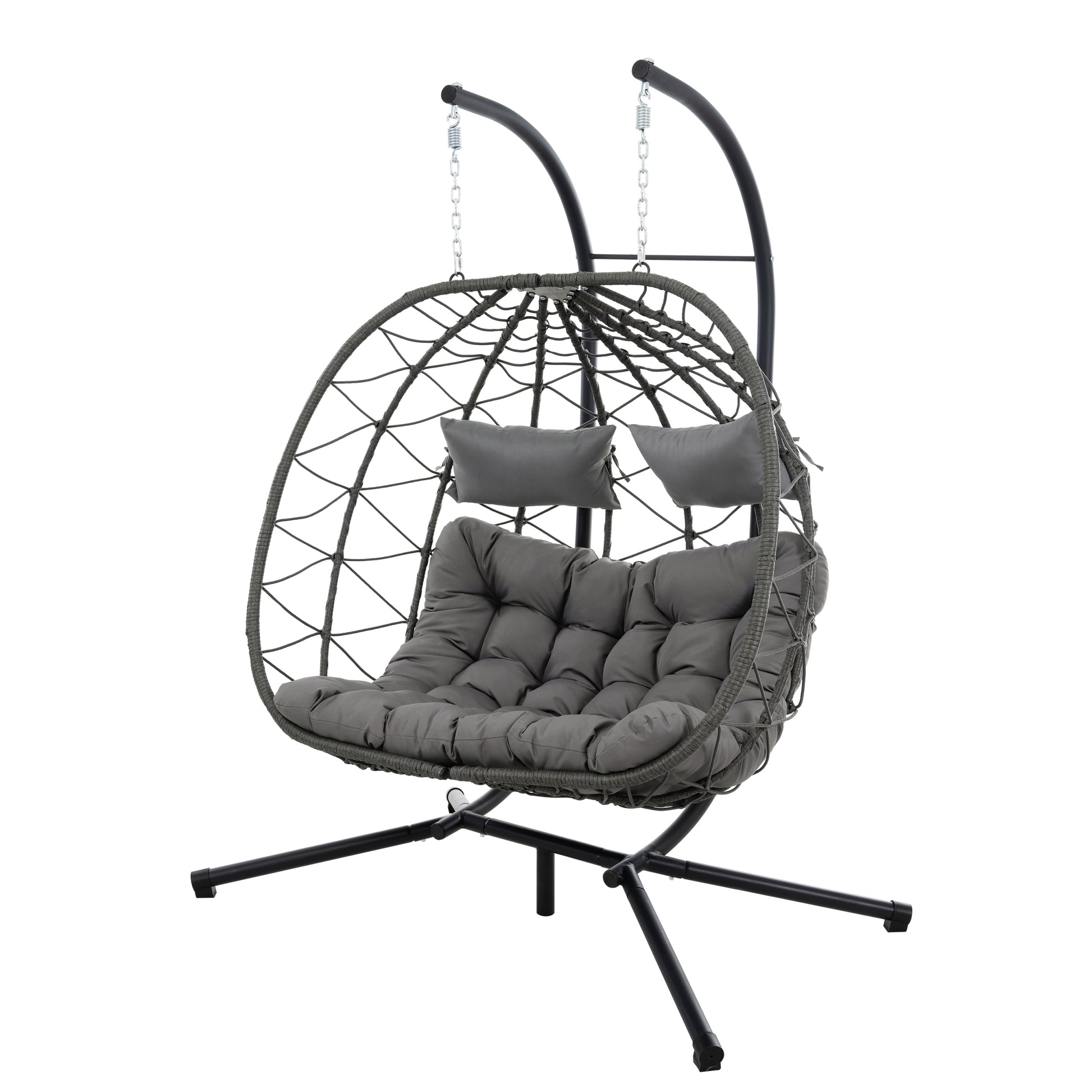 2 Persons Egg Chair With Stand Indoor Outdoor Swing Chair Patio Wicker Hanging Egg Chair Hanging Basket Chair With Stand For Bedroom Living Room Balcony Gray Steel