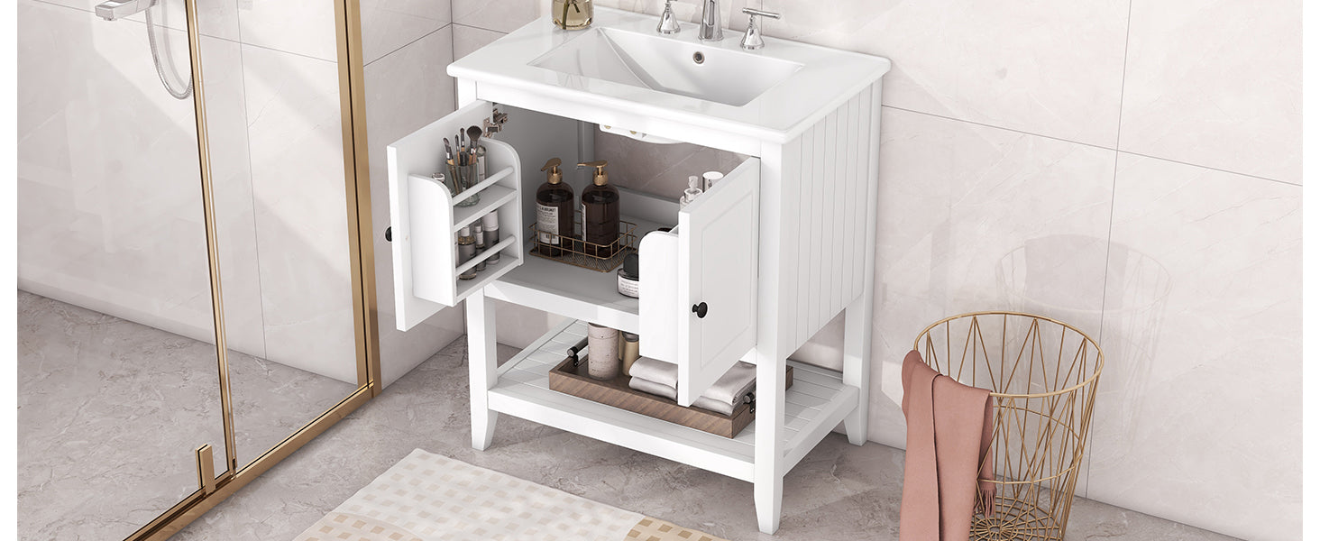 30" White Modern Sleek Bathroom Vanity Elegant Ceramic Sink With Solid Wood Frame Open Style Shelf & Door Shelf Design White Solid Wood