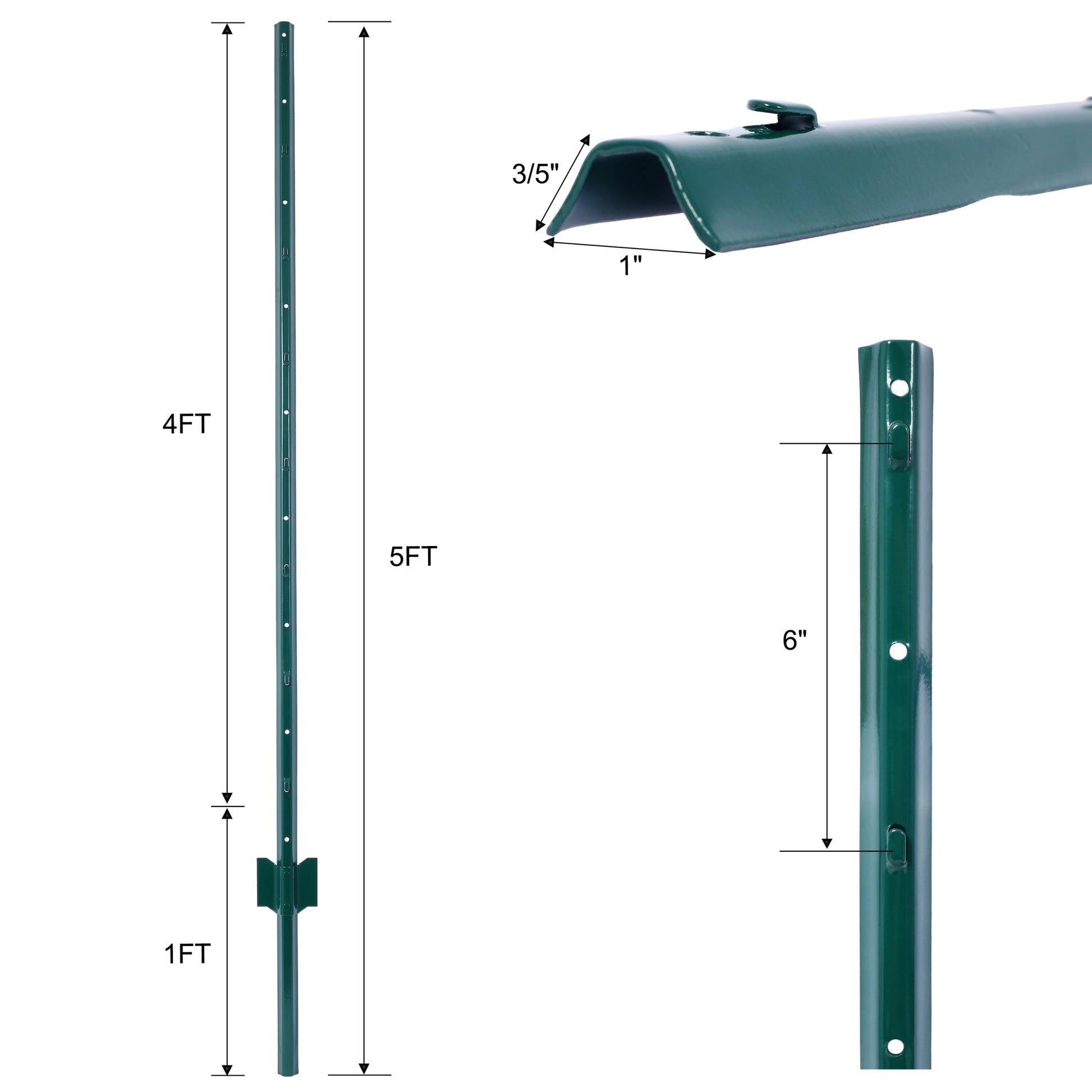 Fence Posts 5Feet 5Pack, Heavy Duty Metal Fence Post With U Channel, Steel Fence U Post For Holding Garden Wire Fence, Corner Anchor Posts Etc. Green Steel