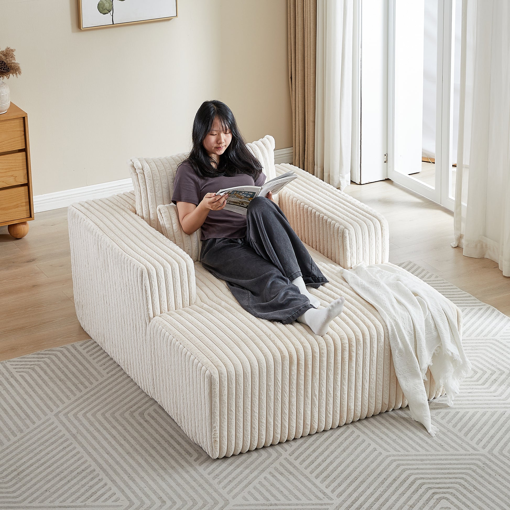 62.5 Inch Corduroy Sponge Sofa Lounge Chair,No Assembly Required,Fluffy Modern Sleeper Chair For Indoor Living Room Bedroom Beige Foam Corduroy 1 Seat