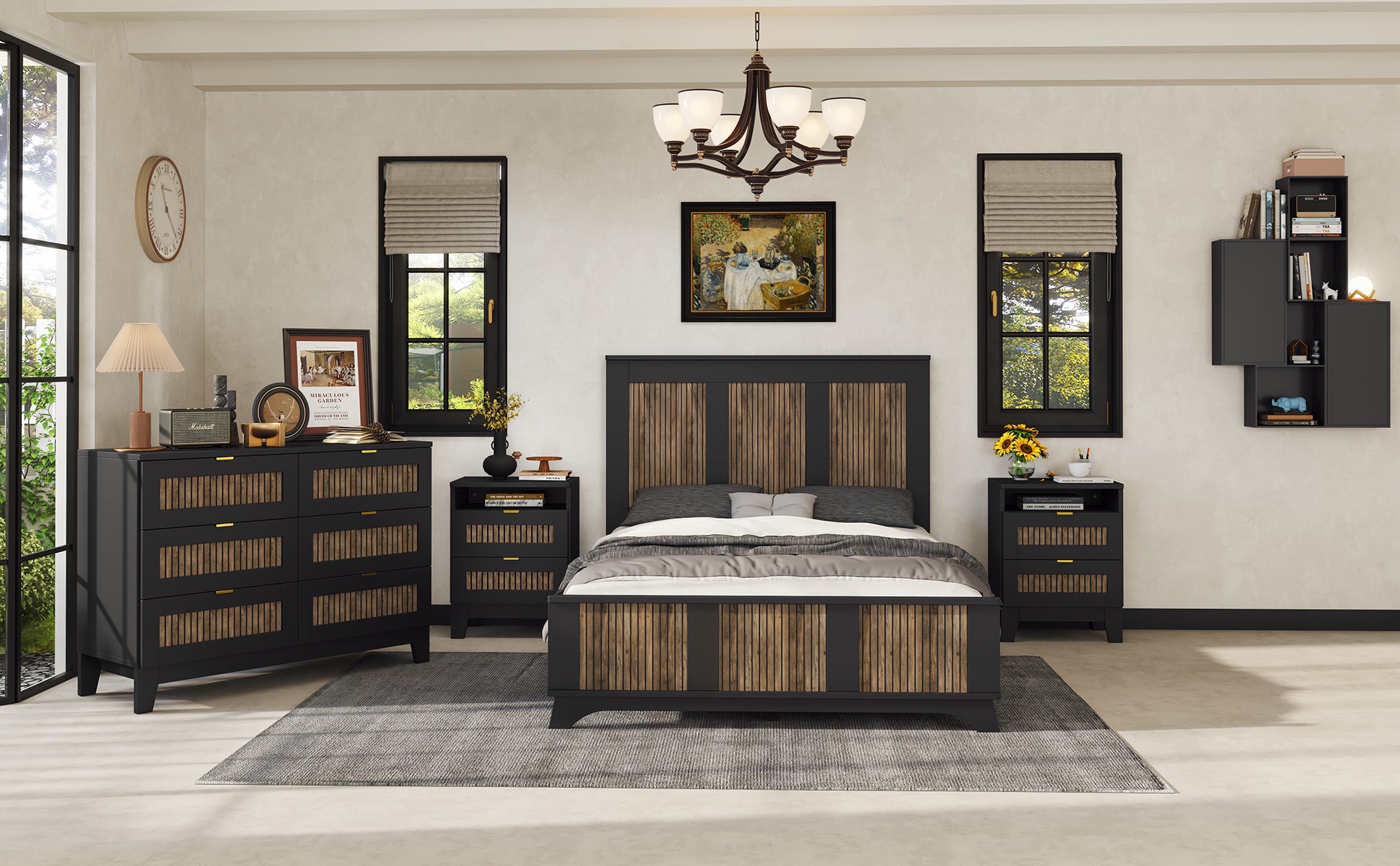 4 Pieces Bedroom Sets, Full Size Farmhouse Platform Bed With Wooden Strip Decoration, Storage Nightstand And Dresser With Metal Handle, Black Full Black 4 Piece Set Particle Board
