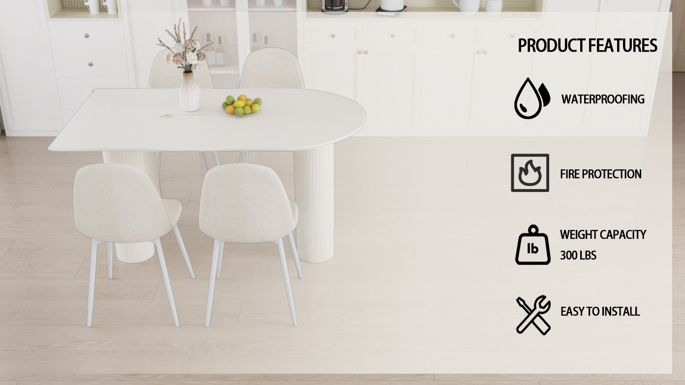 63 "Mdf Cream Style Coffee Table And Modern Dining Chair 4 Piece Set, Modern Fashion Kitchen Table Set, Round Wave Table Legs, Dining Table And Linen Chair Beige White Mdf