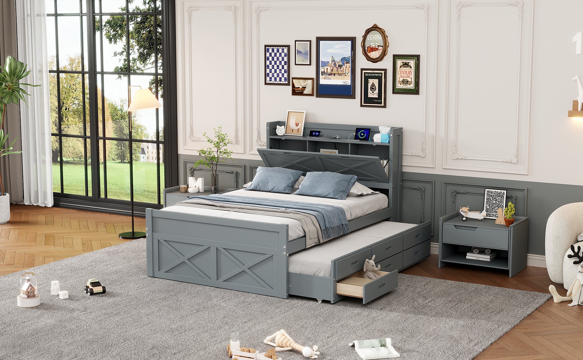 Full Size Wooden Bed With Storage Headboard With Outlets, Extendable Bed With Twin Size Trundle With Three Storage Drawers,Gray Full Gray Wood