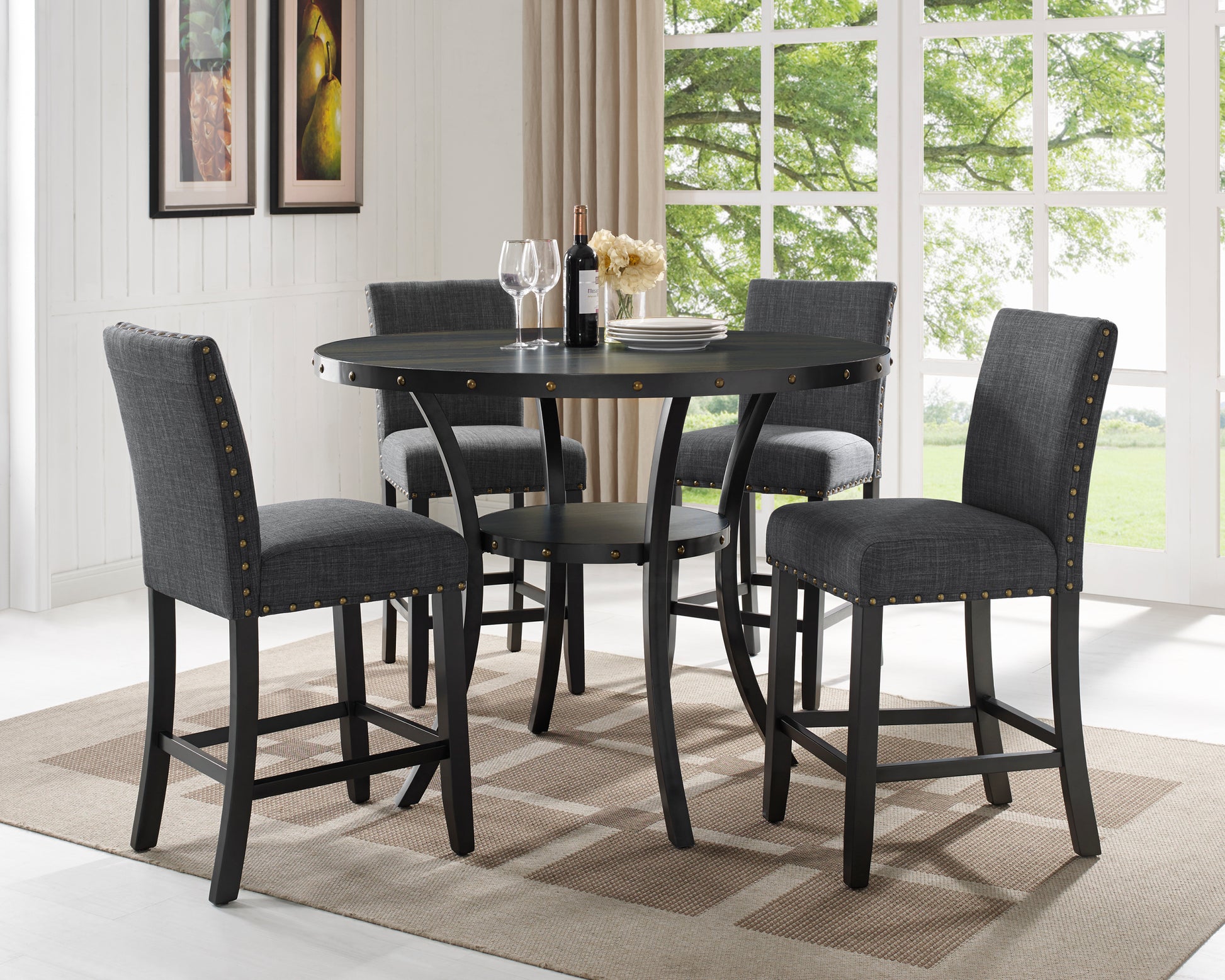 Biony Espresso Wood Counter Height Dining Set With Grey Fabric Stools Wood Brown Seats 4 Metal Fixed Table Round Dining Table With Chair Wood