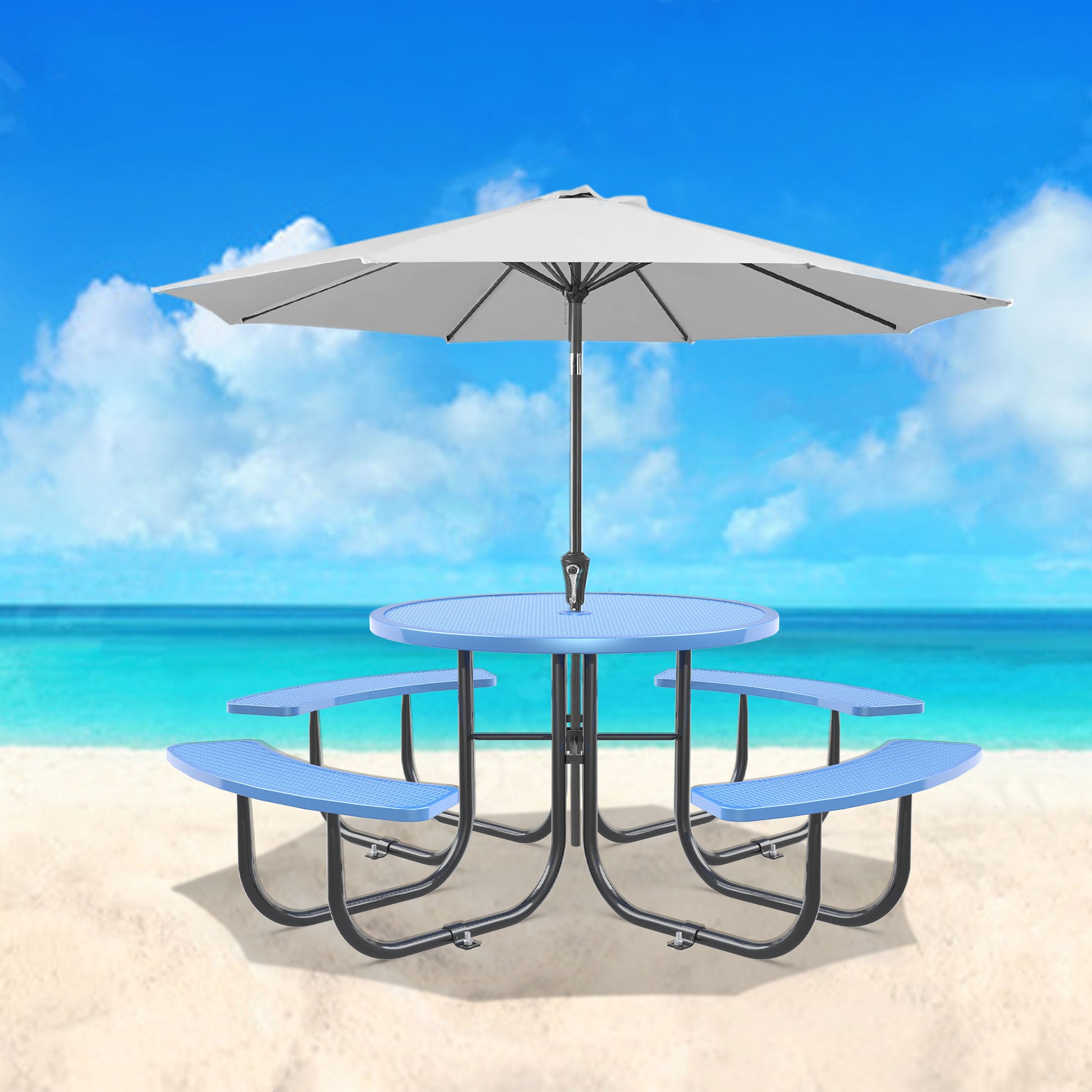 Round Outdoor Steel Picnic Table 46" Blue ,With Umbrella Pole,Blue Blue Steel Steel
