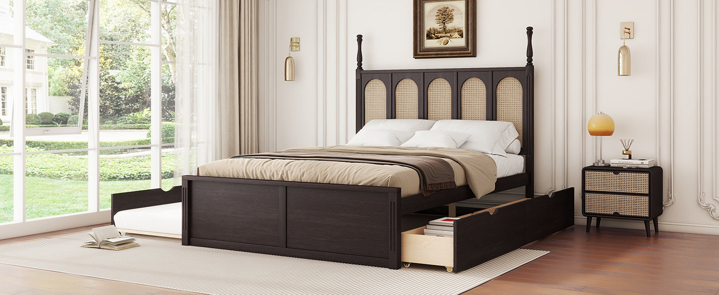 Queen Size Rattan Platform Bed With With 2 Big Drawers, T Size Trundle, Espresso Queen Espresso Plywood