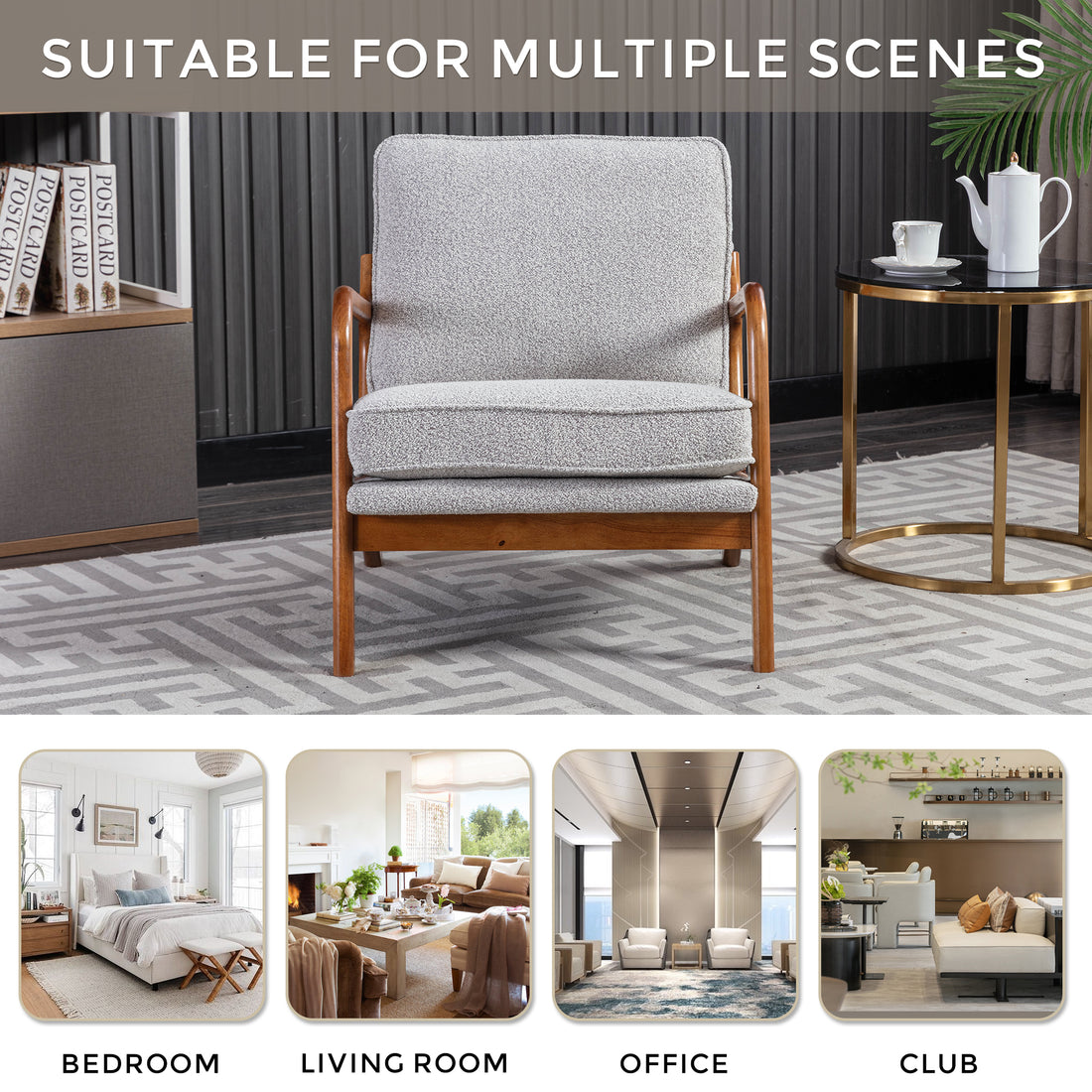 Coolmore Mid Century Modern Accent Chair, Comfy Fabric Living Room Chairs With Solid Wood Frame, Lounge Reading Armchair, Easy Assembly Oyster Grey Oyster Grey Primary Living Space Foam Boucle