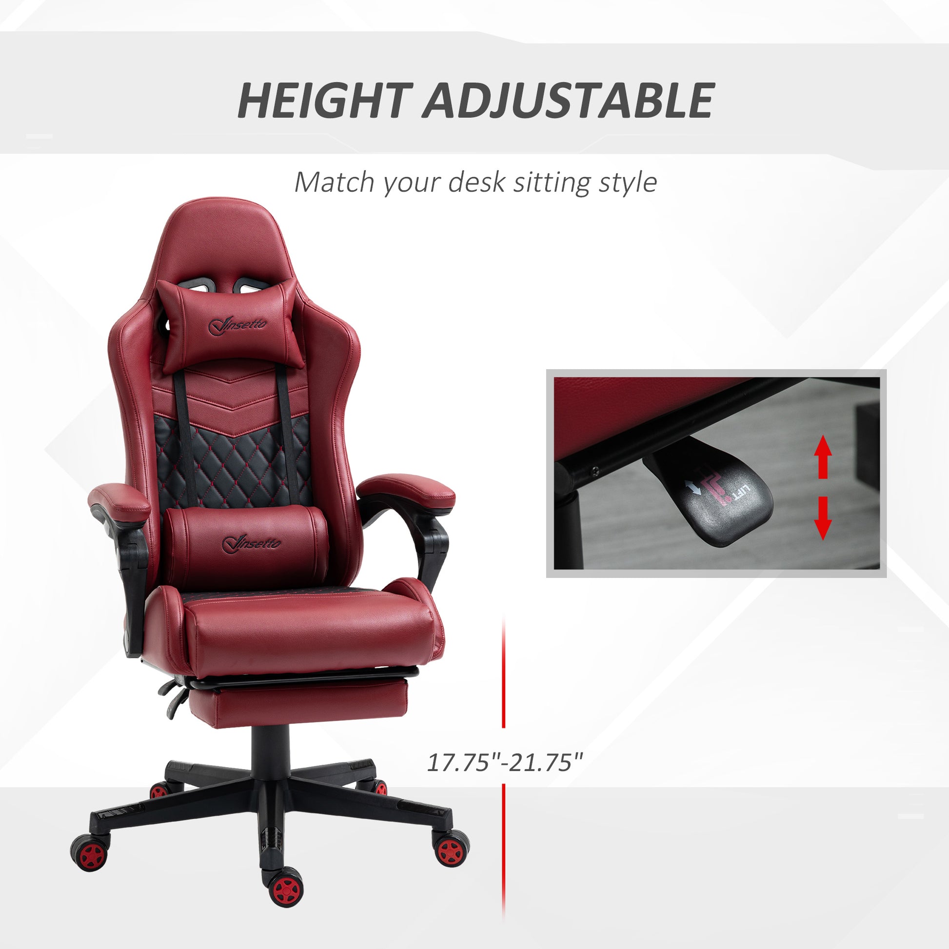 Vinsetto Racing Gaming Chair Diamond Pu Leather Office Gamer Chair High Back Swivel Recliner With Footrest, Lumbar Support, Adjustable Height, Red Red Pu