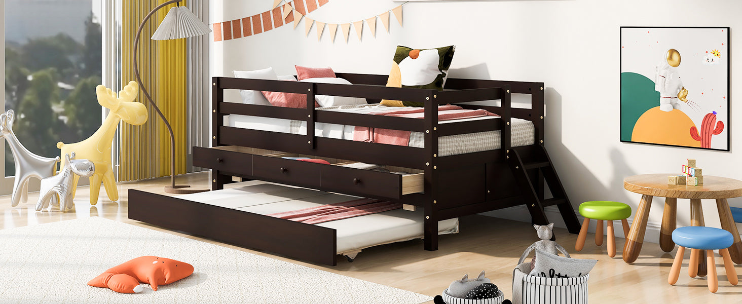 Low Loft Bed Twin Size With Full Safety Fence, Climbing Ladder, Storage Drawers And Trundle Espresso Solid Wood Bed Espresso Solid Wood