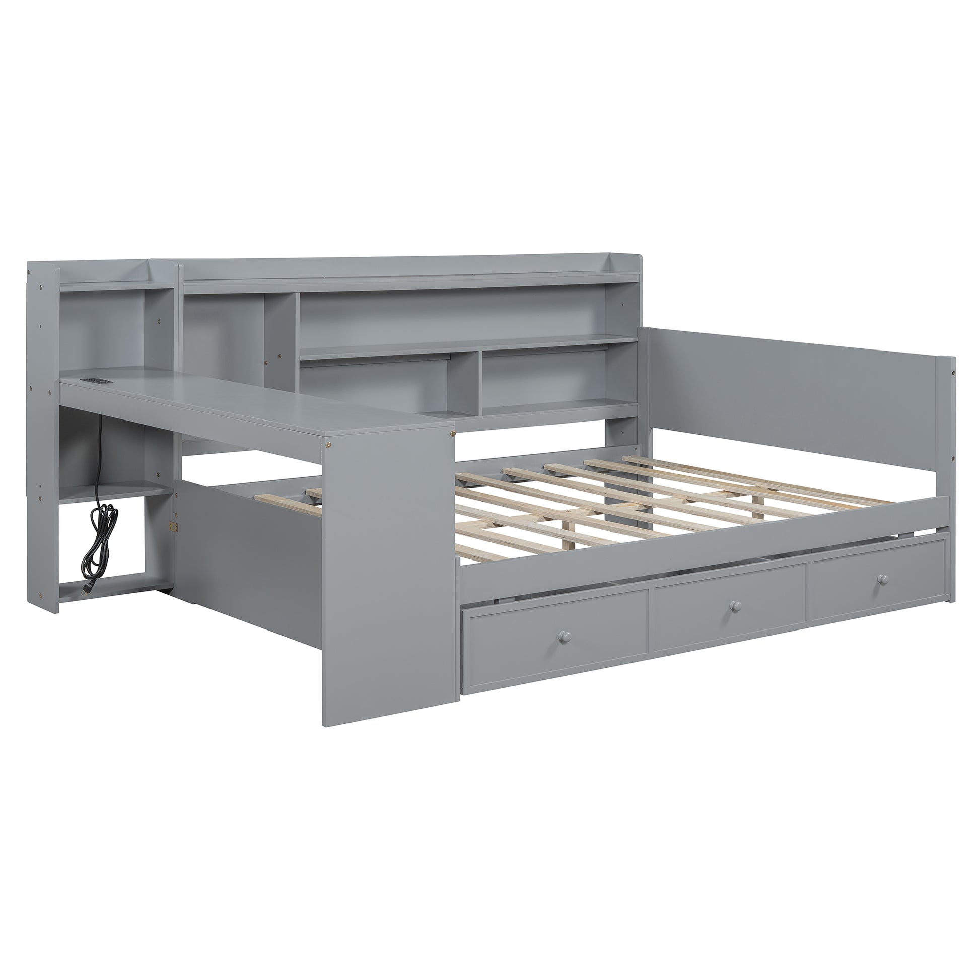 Full Size Wooden Daybed With 3 Drawers, Usb Ports And Deskgray Full Gray Wood