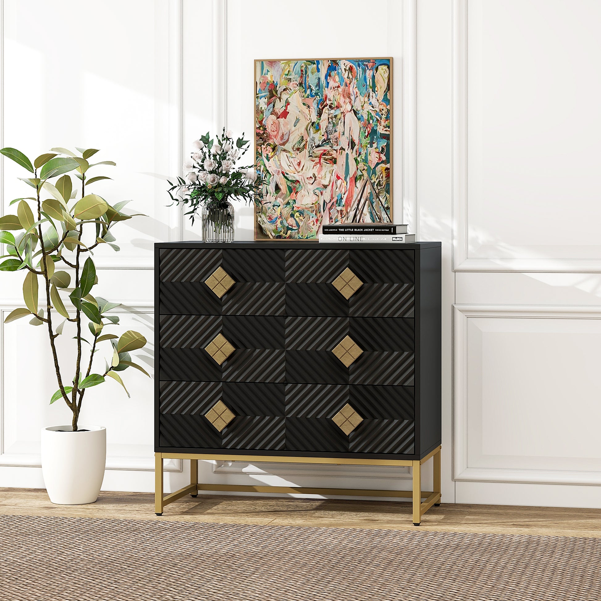 3 Drawer Storage Cabinet,3 Drawer Modern Dresser, Chest Of Drawers With Decorative Embossed Pattern Door For Entryway,Living Room,Bed Room Black Particle Board Mdf
