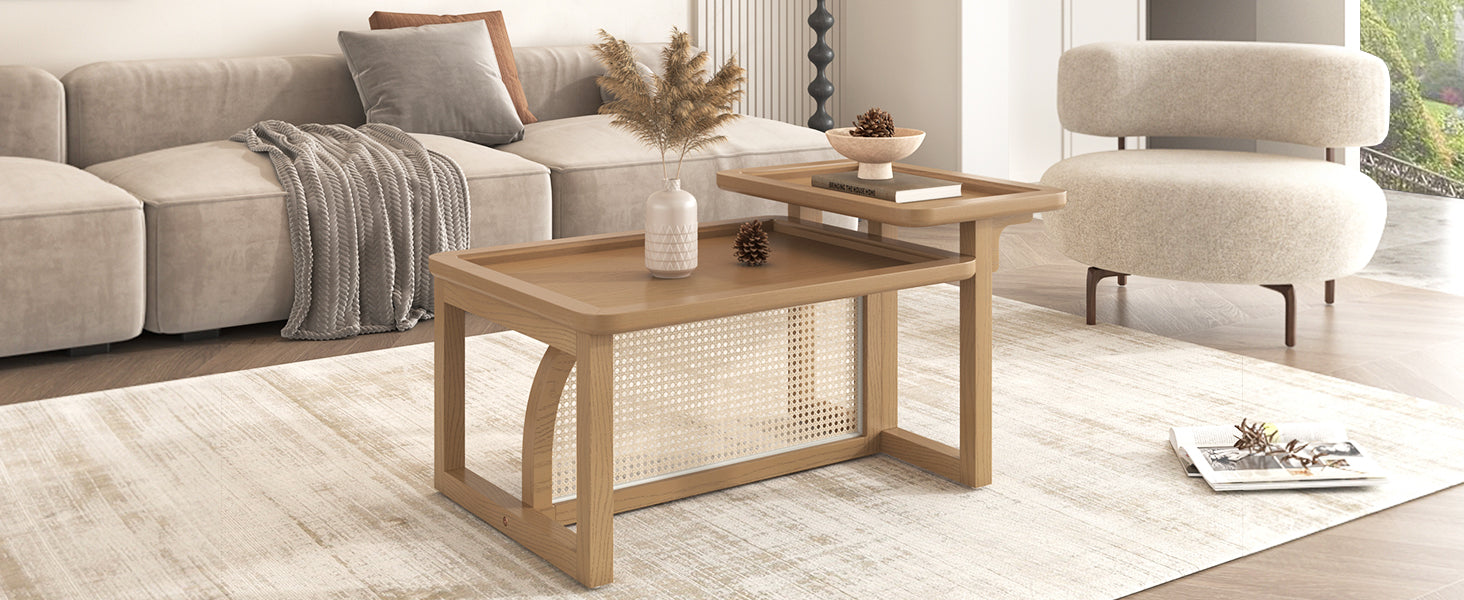 Modern 2 Piece Nesting Rattan Wood Mdf Coffee Table Set In Natural Natural Rubber Wood