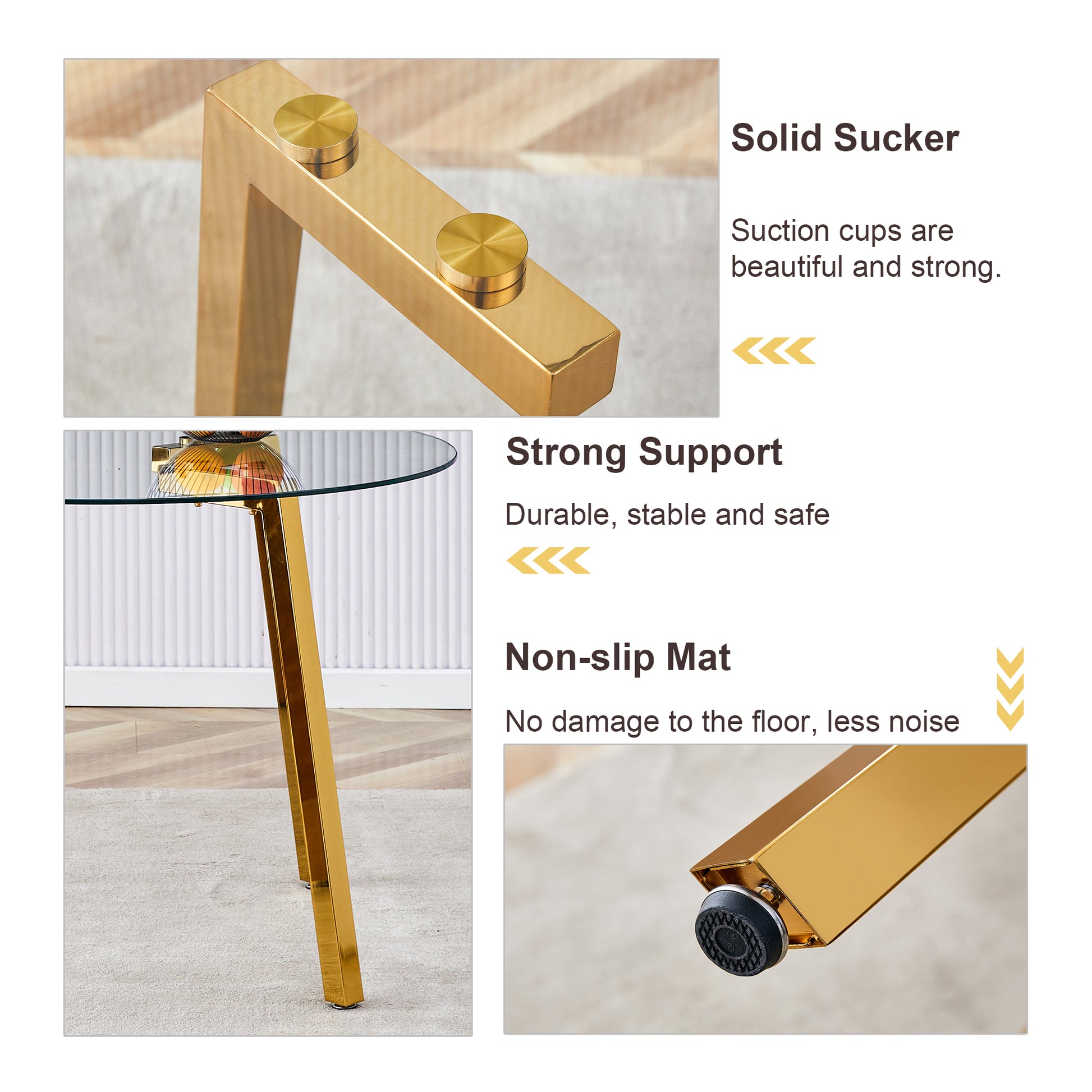 Table And Chair Set.A Modern Minimalist Style Round Clear Tempered Glass Table With Metal Legs.Paried With White Chairs With Modern Pu Leather High Back Upholstered And C Tube Golden Legs. Transparent Seats 6 Glass