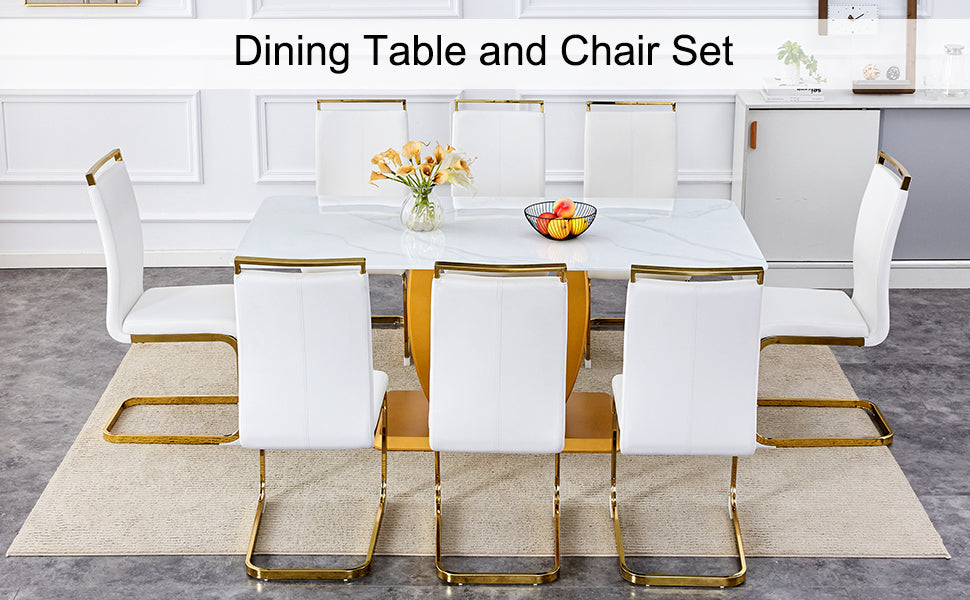 Table And Chair Set, Modern Minimalism And Luxurious White Rectangular Pattern Dining Table. Soft And Comfortable Dining Chairs For Dining Rooms, Living Rooms, Terraces And Kitchens. White Seats 8 Mdf Glass