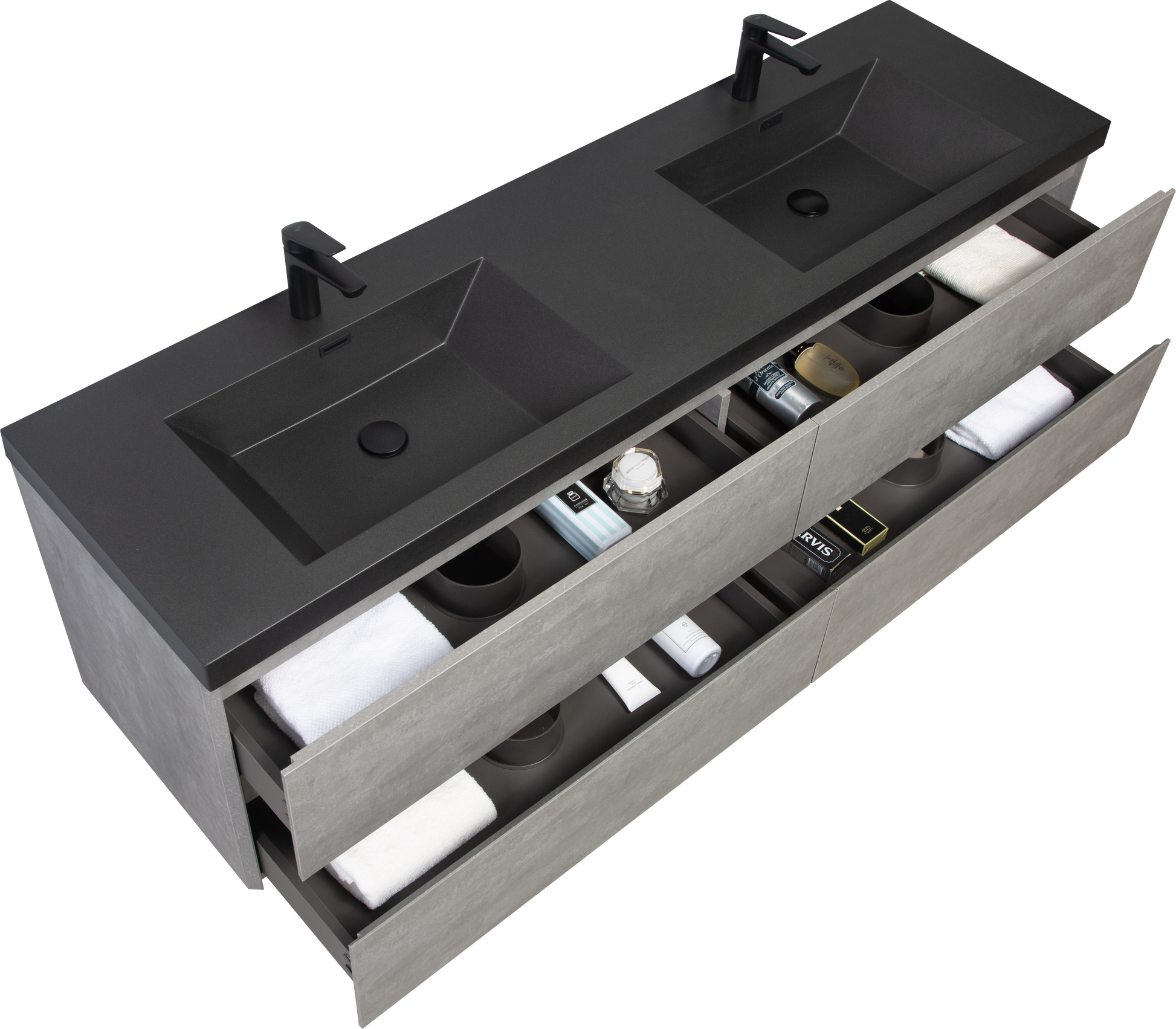 72" Floating Bathroom Vanity With Sink, Modern Wall Mounted Bathroom Storage Vanity Cabinet With Two Black Quartz Sand Top Basins And Four Soft Close Drawers, 24V12 72Gr Grey Grey Plywood