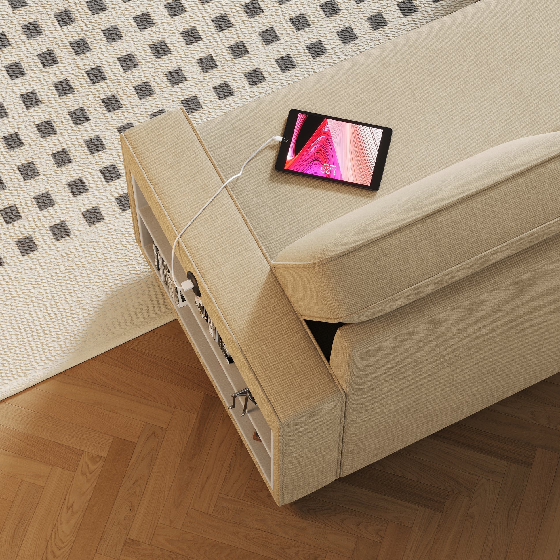 85.8" Pull Out Sleeper Sofa L Shaped Couch Convertible Sofa Bed With Storage Chaise And Storage Racks,With Usb Port And T Pyce Port Beige Fabric 3 Seat