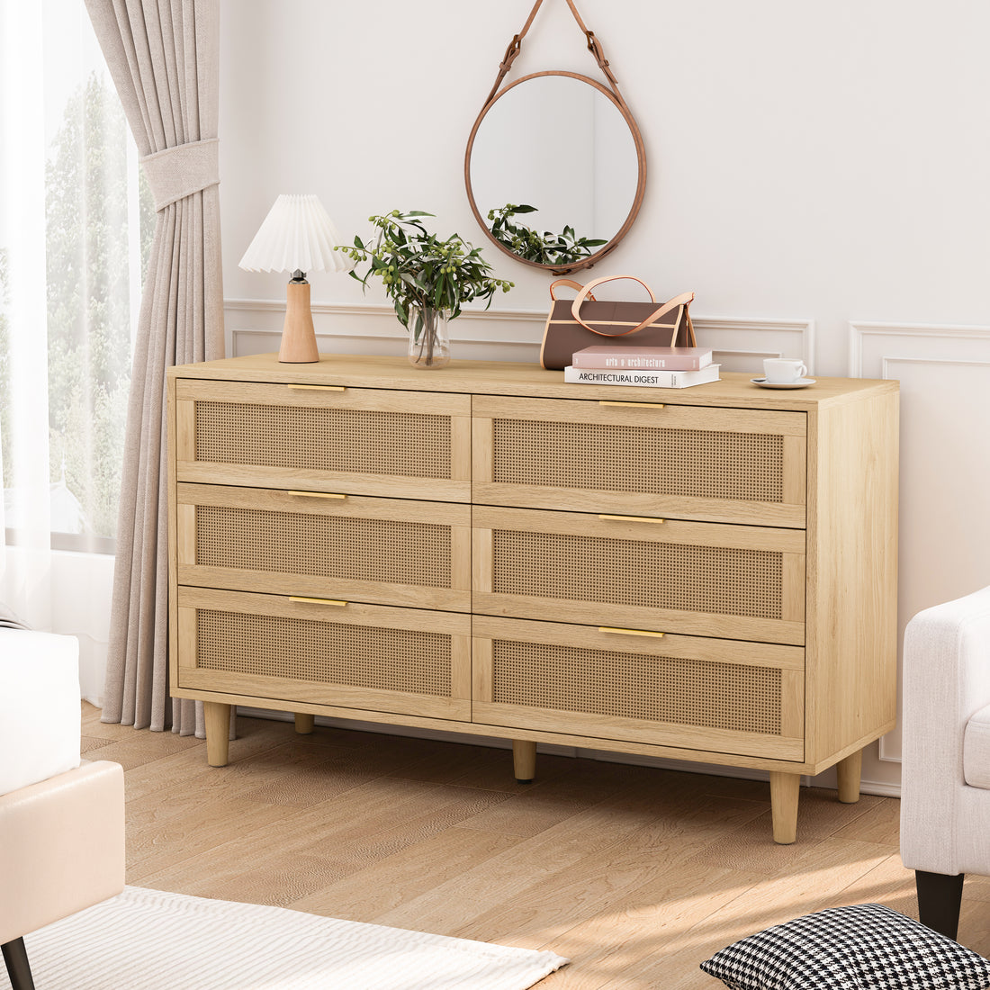 51.18"6 Drawers Rattan Storage Cabinet Rattan Drawer With White Drawer Slides,For Bedroom,Living Room,Natural Natural Primary Living Space Particle Board