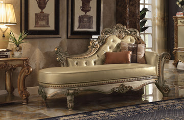 Wooden Gracious Chaise With 2 Pillows, Gold Patina & Bone Gold Wood