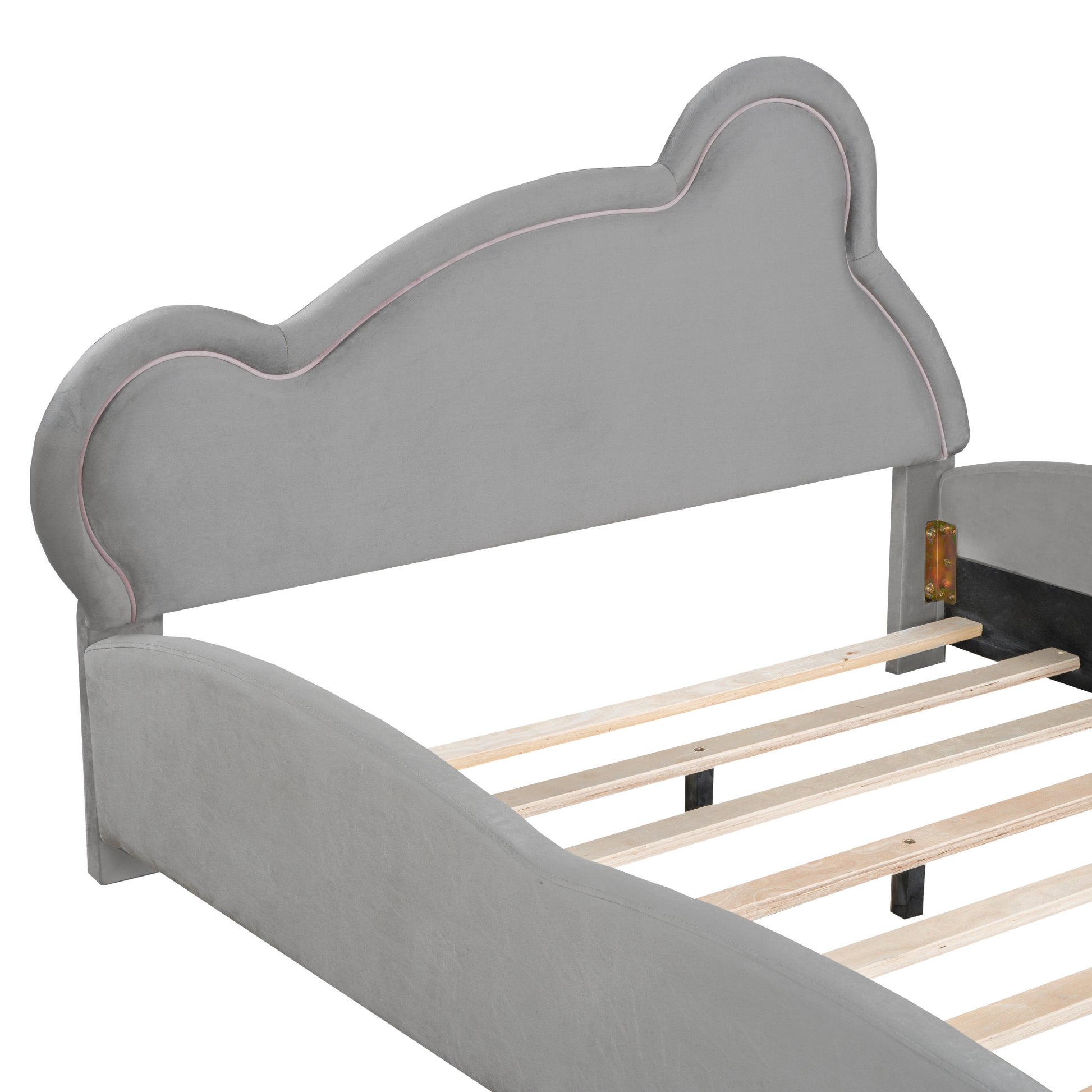 Full Size Velvet Platform Bed With Bear Shaped Headboard, With Bed End Storage Pocket, Gray Full Gray Plywood
