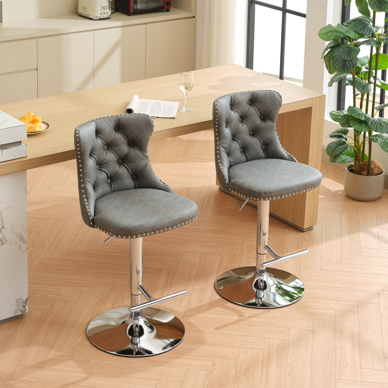 Swivel Pu Leather Barstools Adjusatble Seat Height From 25 33 Inch, Chrome Base Bar Stools With Backs Comfortable Tufted For Home Pub And Kitchen Island, Beige,Set Of 2,1512Gy Grey Dining Room American Design Bar Stools Wing Back Set Of 2 Foam Pu Leather