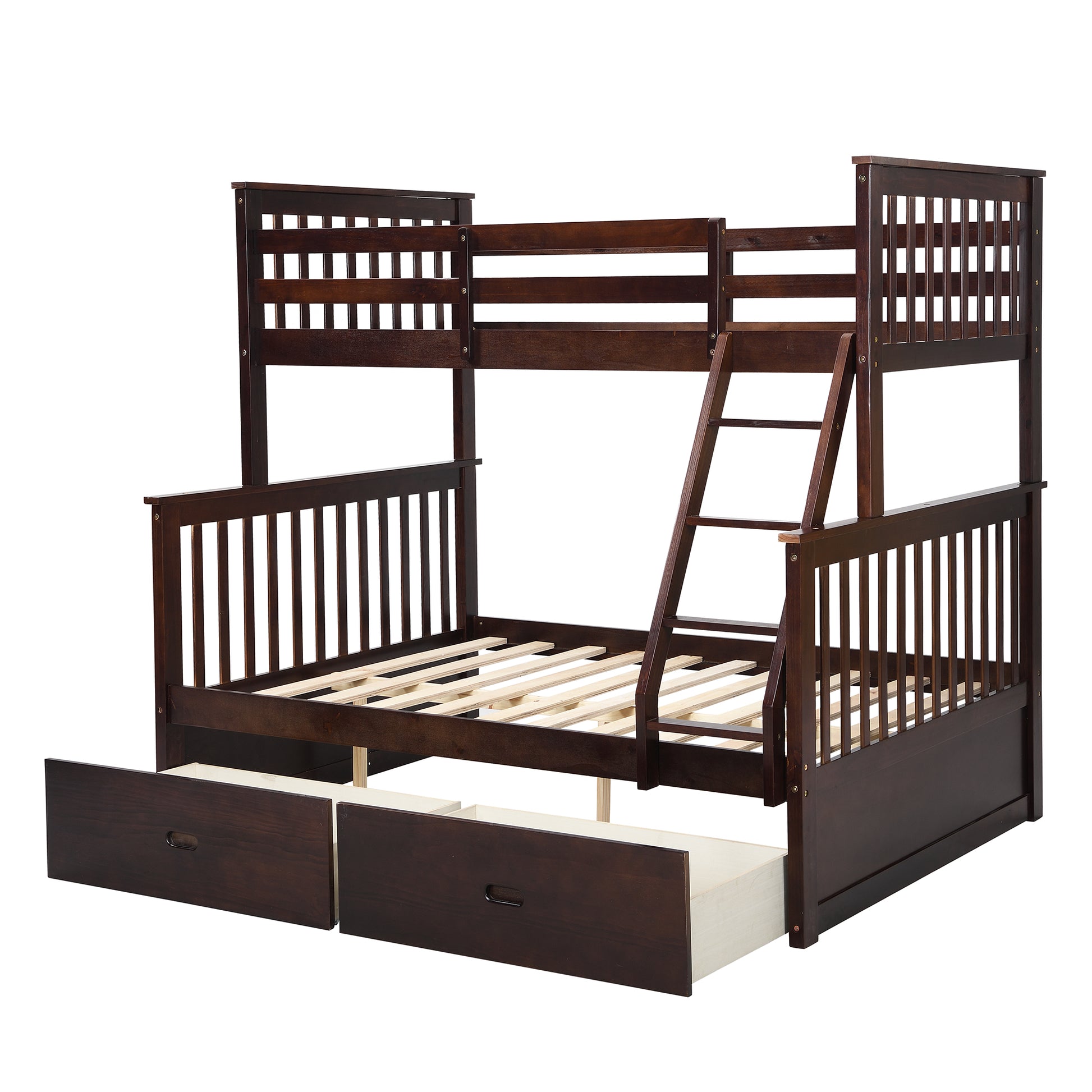 Twin Over Full Bunk Bed With Storage Drawers, Wooden Bunk Bed With Ladder And Safety Guard Rails Espresso Full Espresso Wood