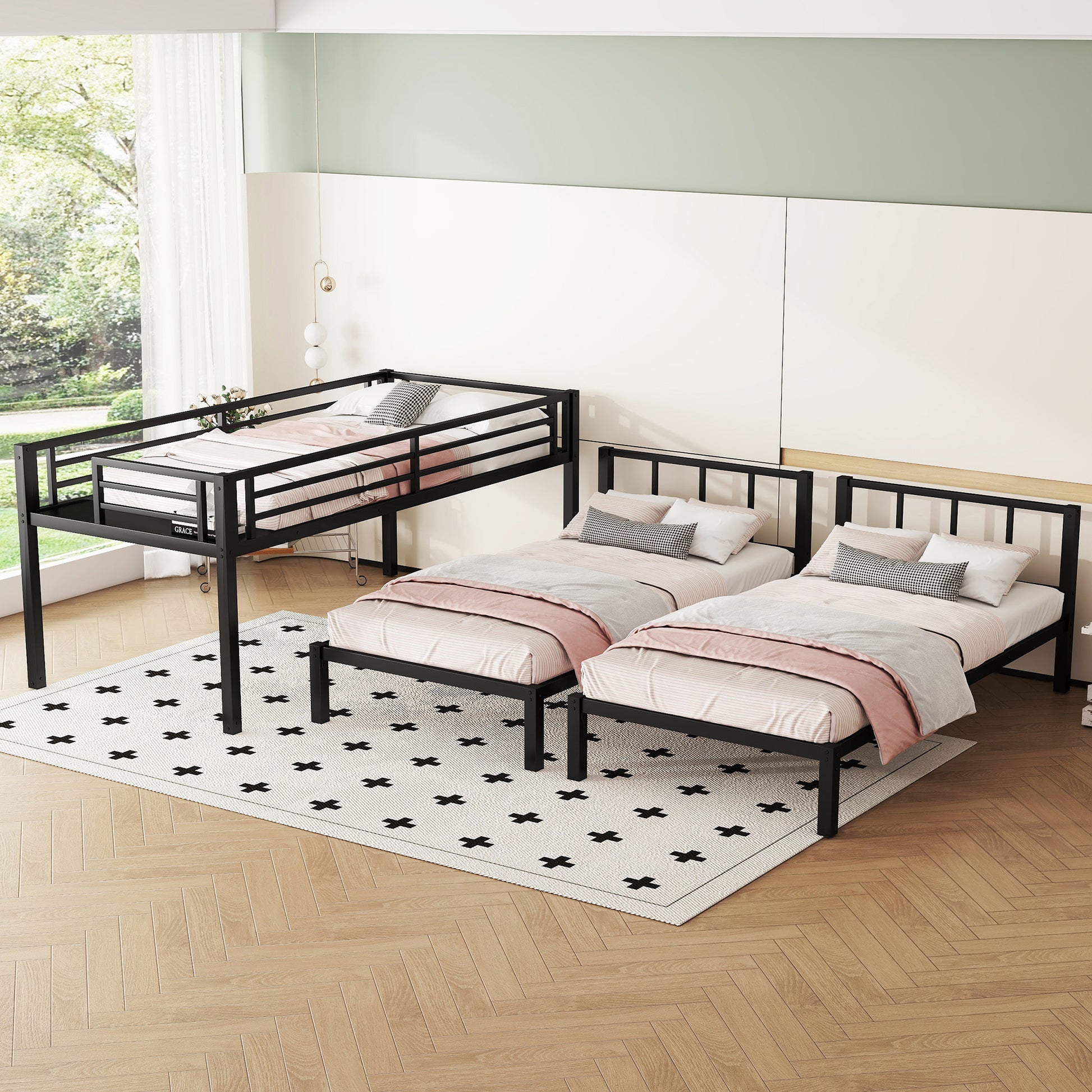 Twin Over Twin & Twin Bunk Beds For 3, Twin Xl Over Twin & Twin Bunk Bed Metal Triple Bunk Bed, Black Black Metal