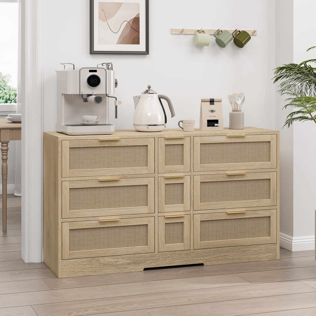 51.2 "Rattan Locker With Drawers, 9 Drawers, Metal Handles For Kitchen, Living Room, Bedroom Natural Natural Mdf