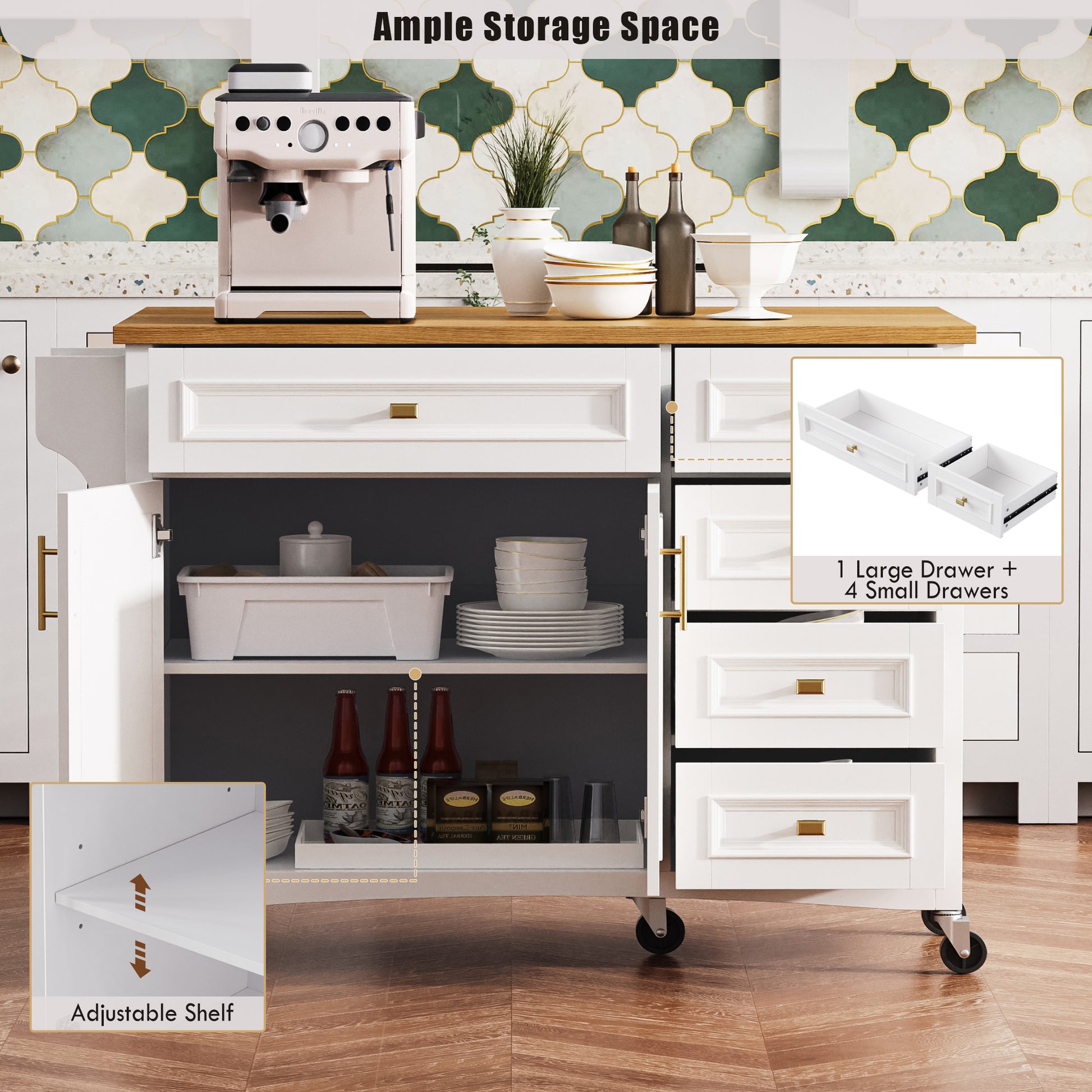 K&K 52'' Kitchen Island With Drop Leaf, Embossed Texture Kitchen Island On Wheels With Spice Rack, Towel Rack, 2 Doors And 5 Drawers, Kitchen Storage Cart With Adjustable Shelf For Kitchen, White