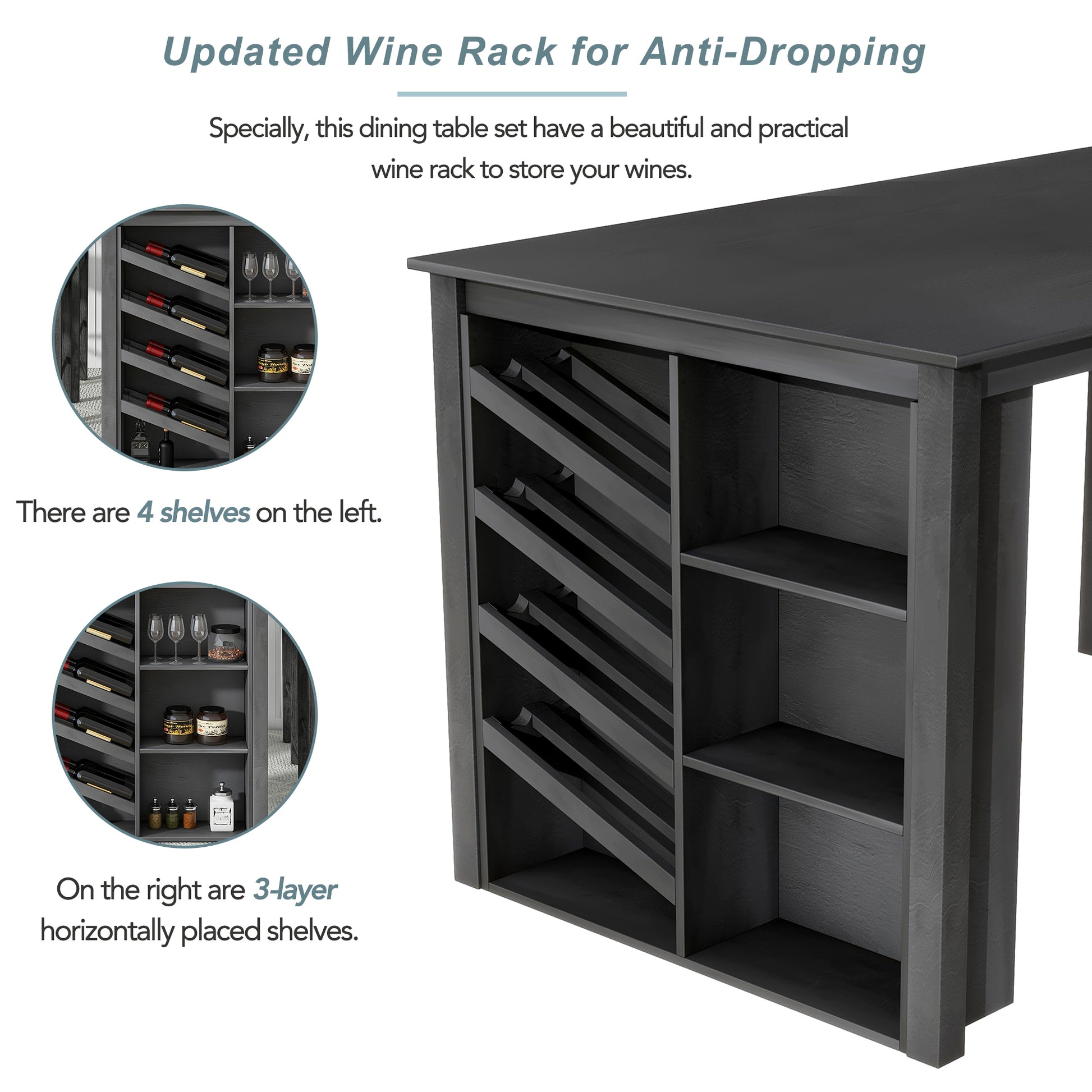 Updated Counter Height 5 Piece Solid Wood Dining Table Set, 59*35.4Inch Table With Curved Wine Rack And 4 Upholstered Chairs, Grey Wood Dining Room Solid Wood Rubberwood Rectangular Dining Table With Chair Wood Wood Grey Solid Back Seats 4 Farmhouse 4