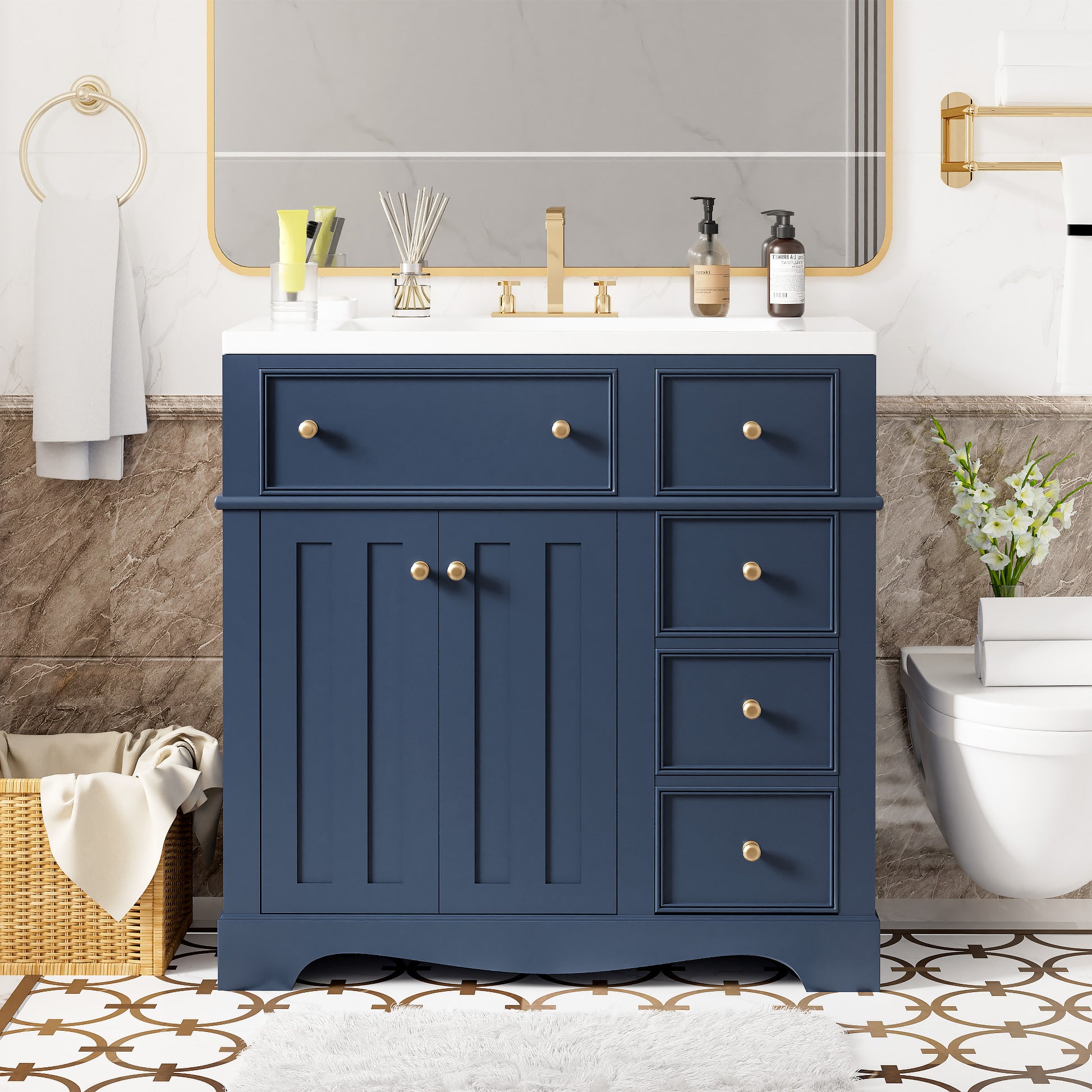 36'' Bathroom Vanity With Resin Sink Combo, Solid Wood Frame Bathroom Storage Cabinet, Freestanding Vanity Set With 3 Drawers& Adjustable Shelf Blue Bathroom Modern Solid Wood Mdf Resin