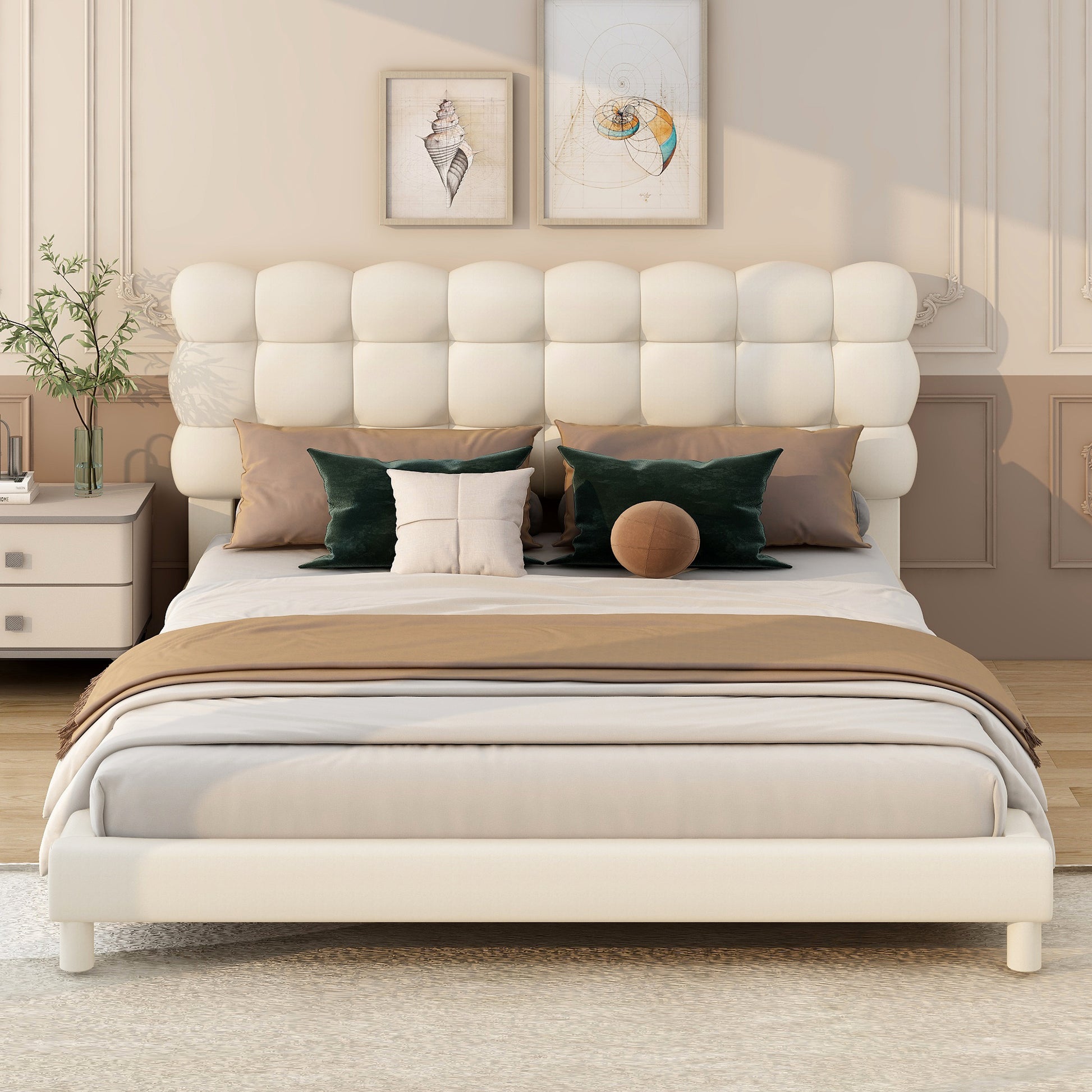 Full Size Upholstered Platform Bed With Soft Headboard,Beige Full Beige Upholstered