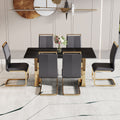 Table And Chair Set,Modern Rectangular Table With 0.4 Inch Black Patterned Tabletop And Gold Legs, Suitable For Kitchen, Dining Room, And Living Roomcomfortable Pu Seats,Perfect For Dinner, Meet Grey Black Seats 6 Sintered Stone