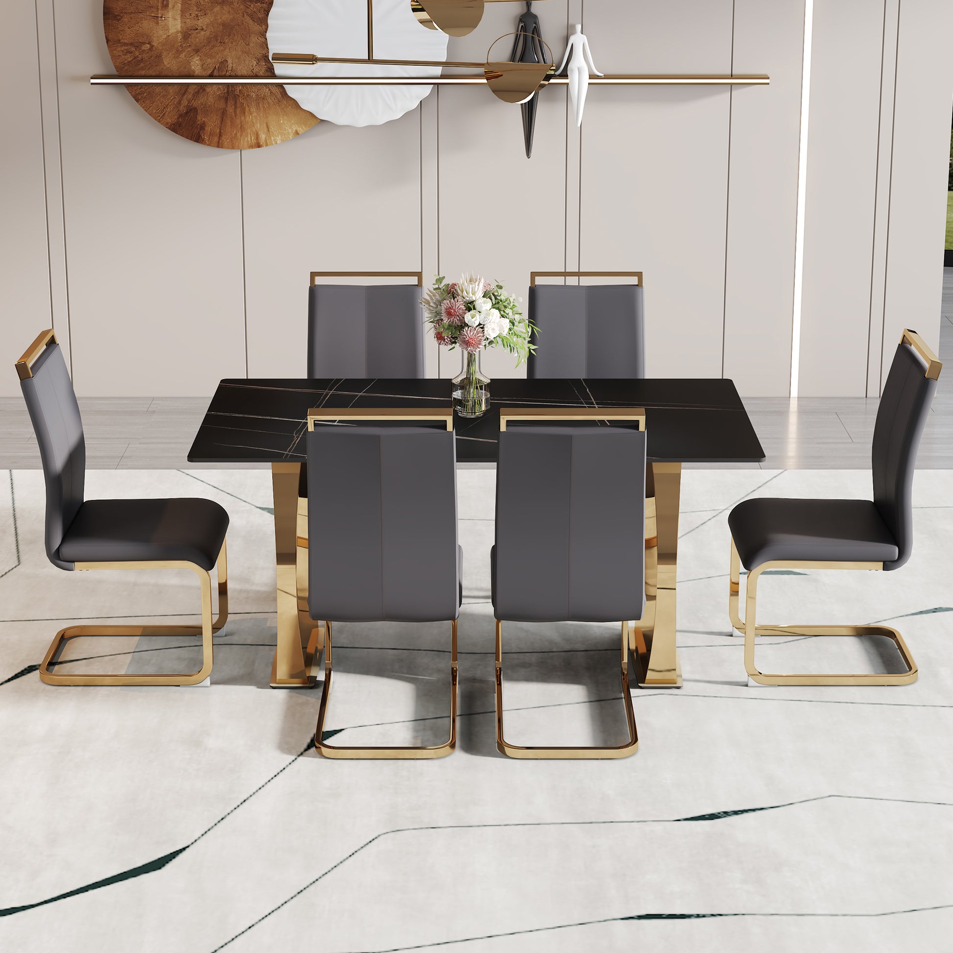 Table And Chair Set,Modern Rectangular Table With 0.4 Inch Black Patterned Tabletop And Gold Legs, Suitable For Kitchen, Dining Room, And Living Roomcomfortable Pu Seats,Perfect For Dinner, Meet Grey Black Seats 6 Sintered Stone
