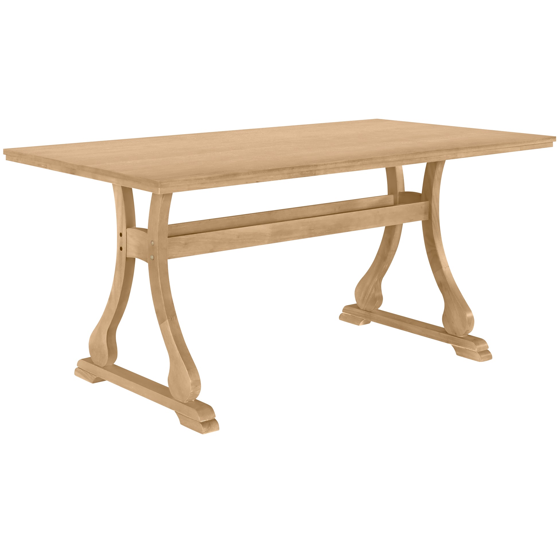 Retro 7 Piece Trestle Dining Table Set With Upholstered Dining Chairs, Smooth Dining Backs For Dining Room, Living Room, Kitchen, Natural Upholstered Chair Wood Natural Beige Seats 6 Wood Dining Room Solid Wood Rubberwood Trestle Rectangular Foam Dining