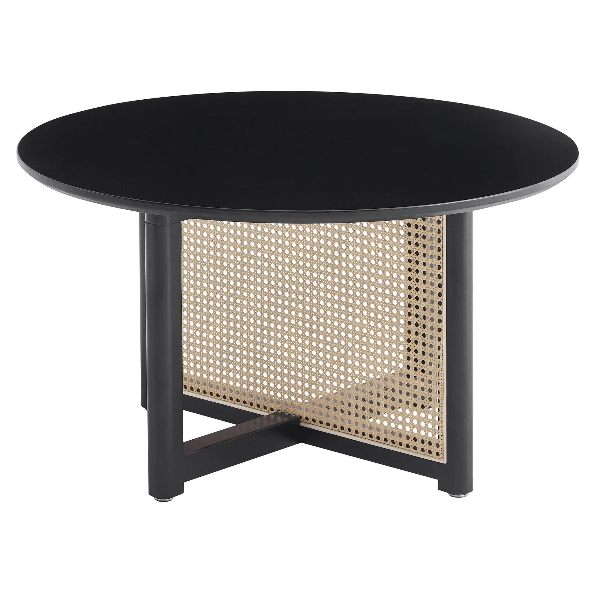 Mid Century Wooden Coffee Table With Pe Cane Stand, 31.5 Inch Round Solid Wood Bohemian Style Coffee Table, Unique Central Cocktail Table For Living Rooms, Apartments And Offices Black Rubber Wood
