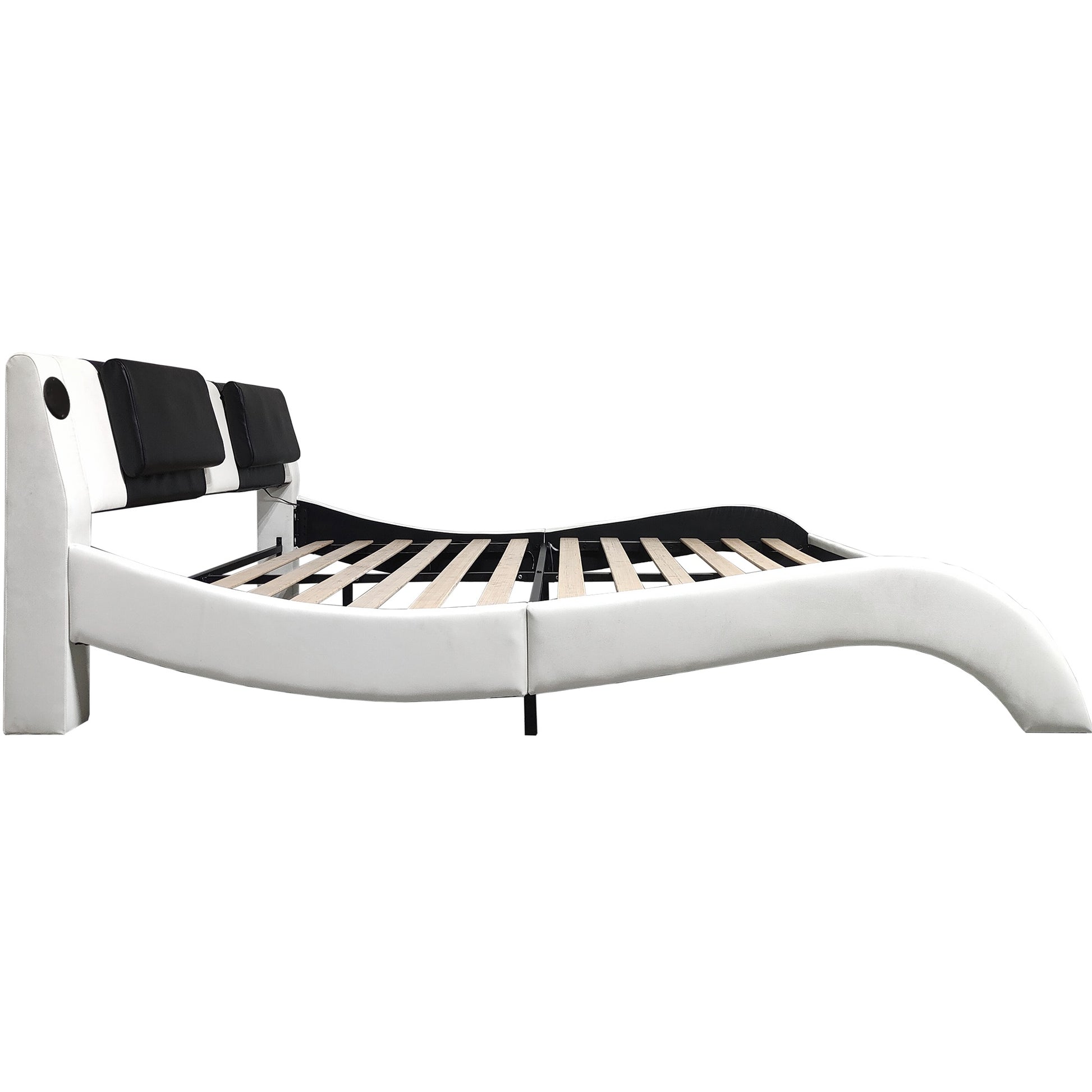 Faux Leather Upholstered Platform Bed Frame With Led Lighting, Bluetooth Connection To Play Music Control, Backrest Vibration Massage, Curve Design, Wood Slat Support, Exhibited Speakers,King Size Box Spring Not Required King White Mdf