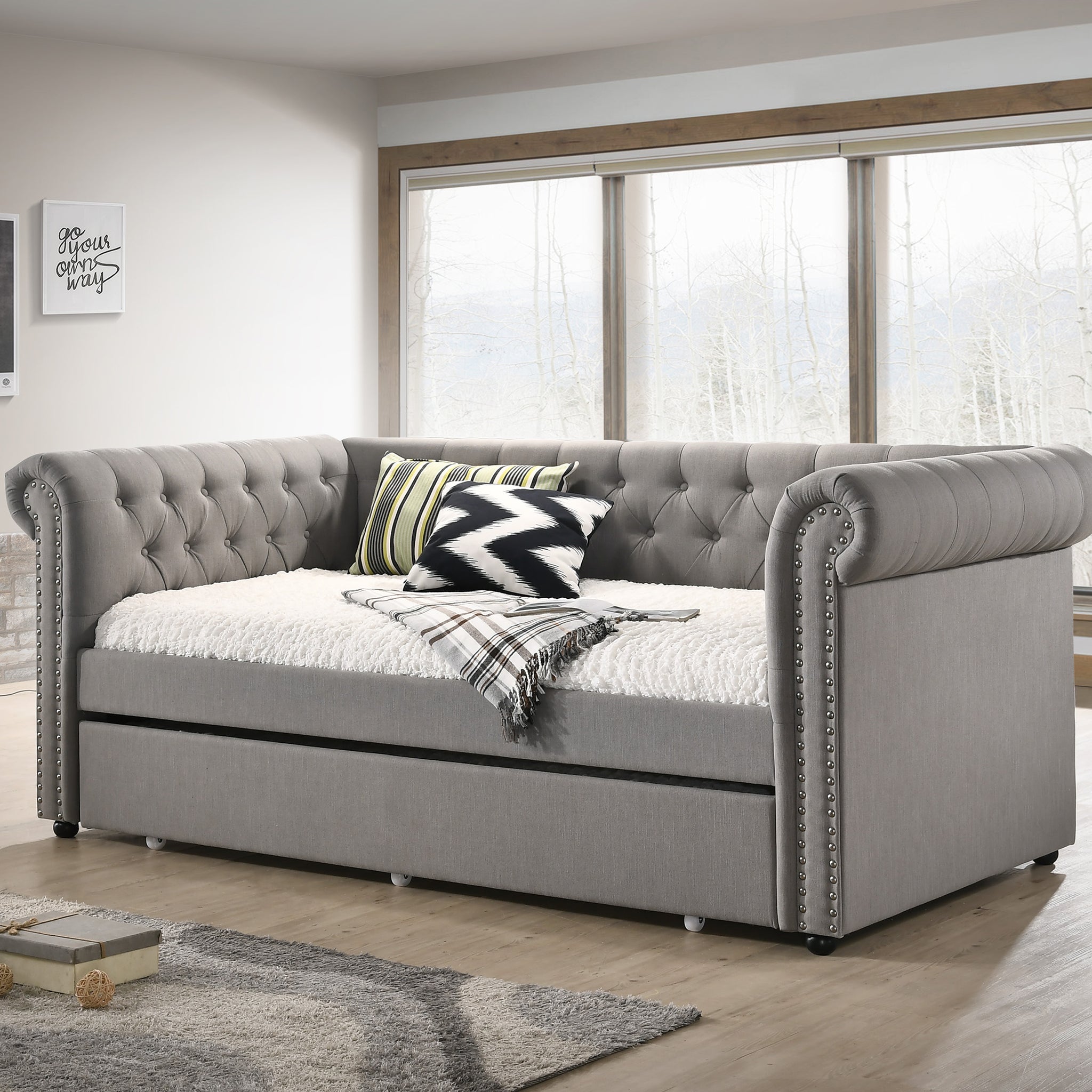 Luxurious 1Pc Modern Aesthetic Beautifully Button Tufted Trim Design Daybed Built In Pull Out Trundle Bed Living Space Guest Room Bedroom Dove Gray Twin Gray Wood Modern Solid Wood