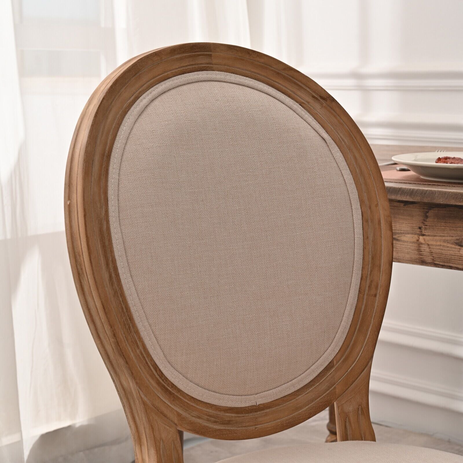 French Country Dining Chairs With Round Back Set Of 2, Upholstered, Solid Wood Legs, Accent Side Chairs For Living Room, Wedding Event Cream Cushion Cream Light Brown Dining Room Round Modern Banquet Chair Rubberwood Cotton Linen Rubber Wood