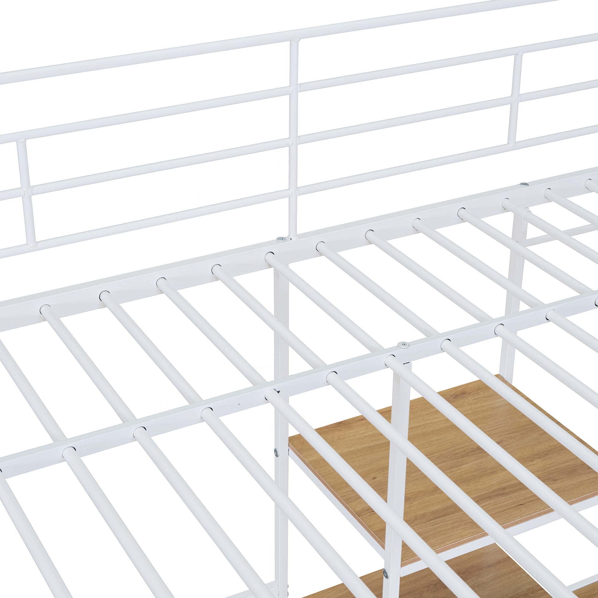 Full Size Loft Bed With Desk And Stool, Metal Loft Bed With Open Style Wardrobe, Shelves And Cabinet, White Full White Metal & Wood