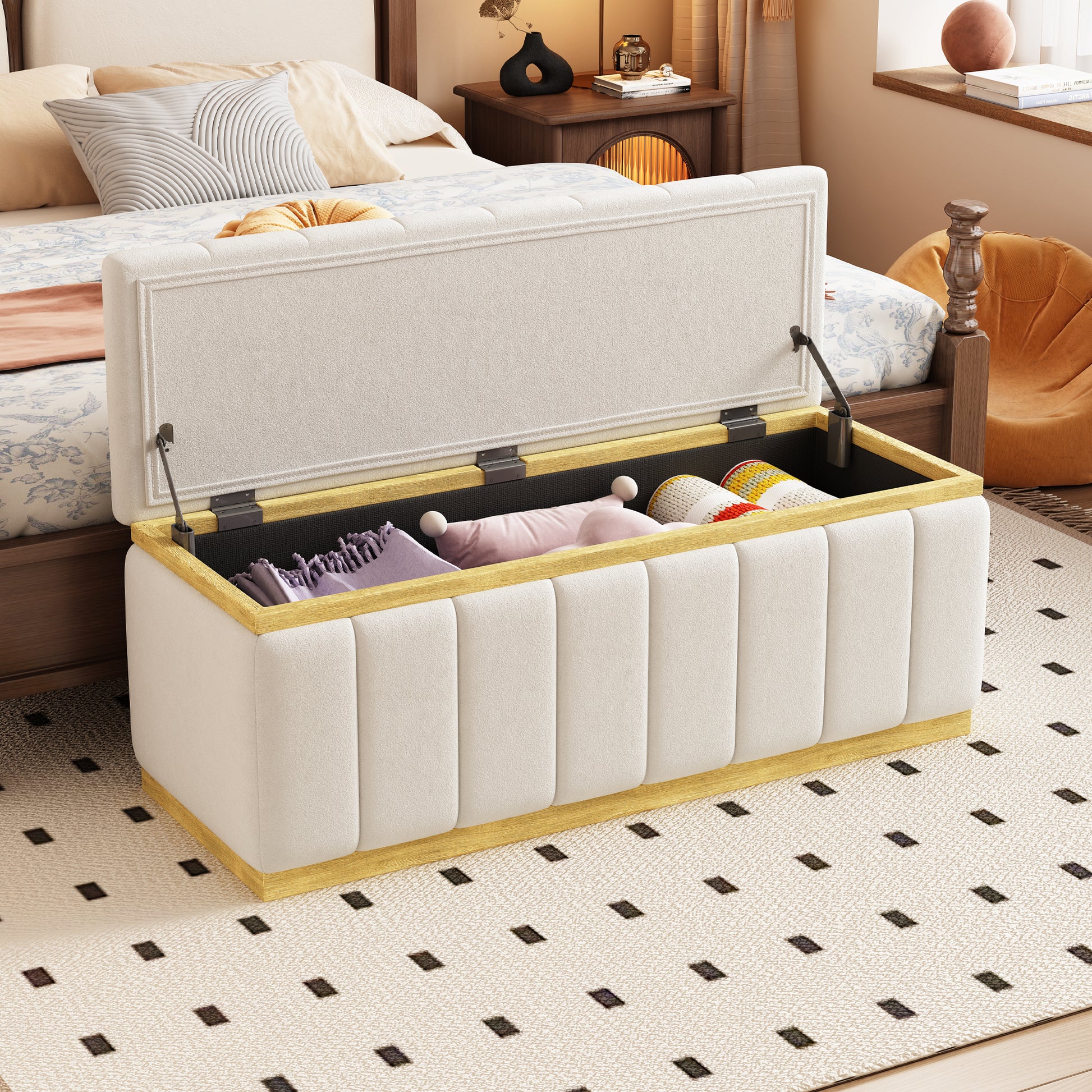 Linen Fabric Upholstered Solid Wood Frame Bench With Large Storage Space For The Living Room, Entryway And Bedroom,Beige, 40''X16''X17'' Beige Wood Oak Rectangle Internal Storage Fabric
