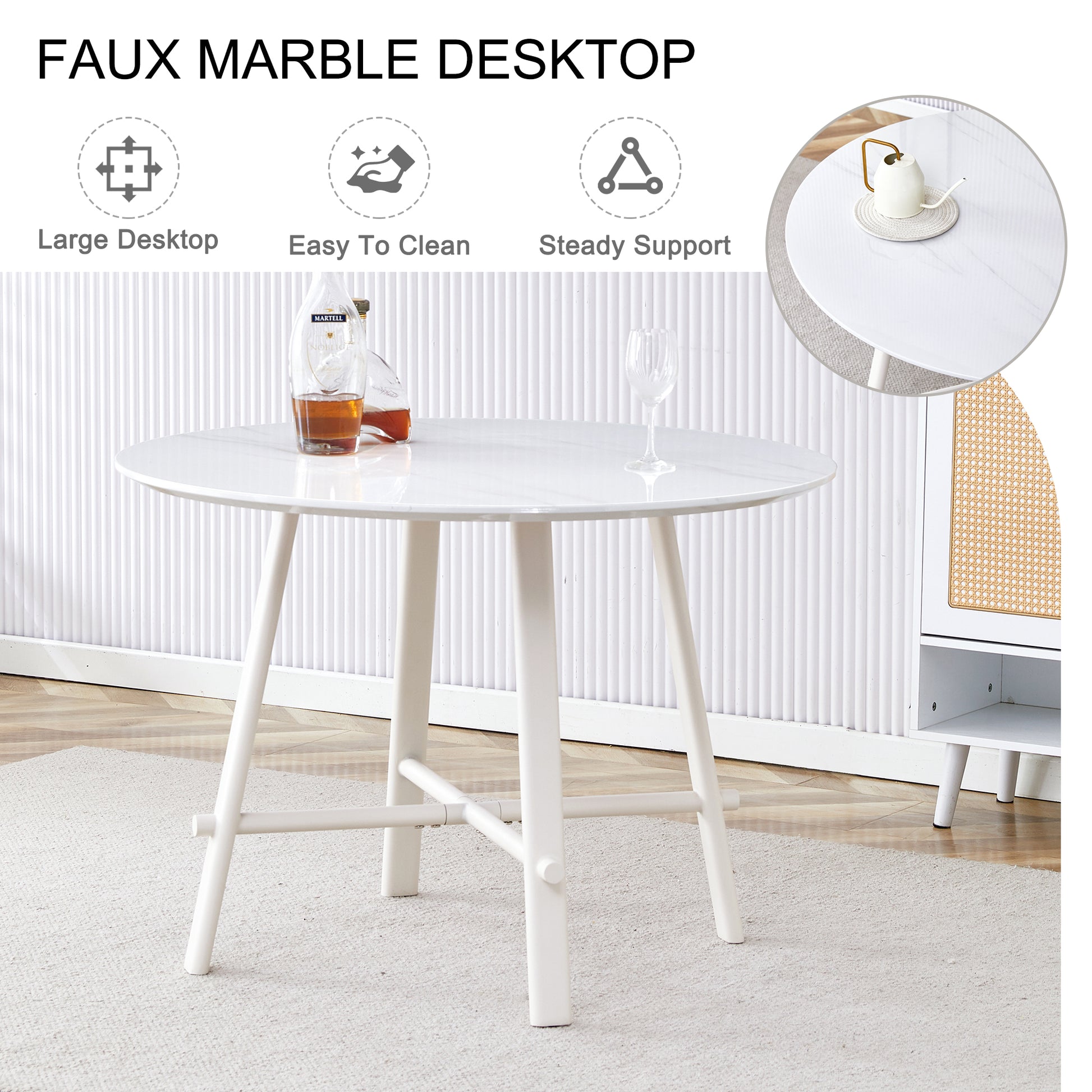 A Modern Minimalist Circular Dining Table With A 42 Inch Diameter White Patterned Tabletop And White Metal Legs. Suitable For Restaurants, Living Rooms, And Conference Rooms. White Mdf Metal