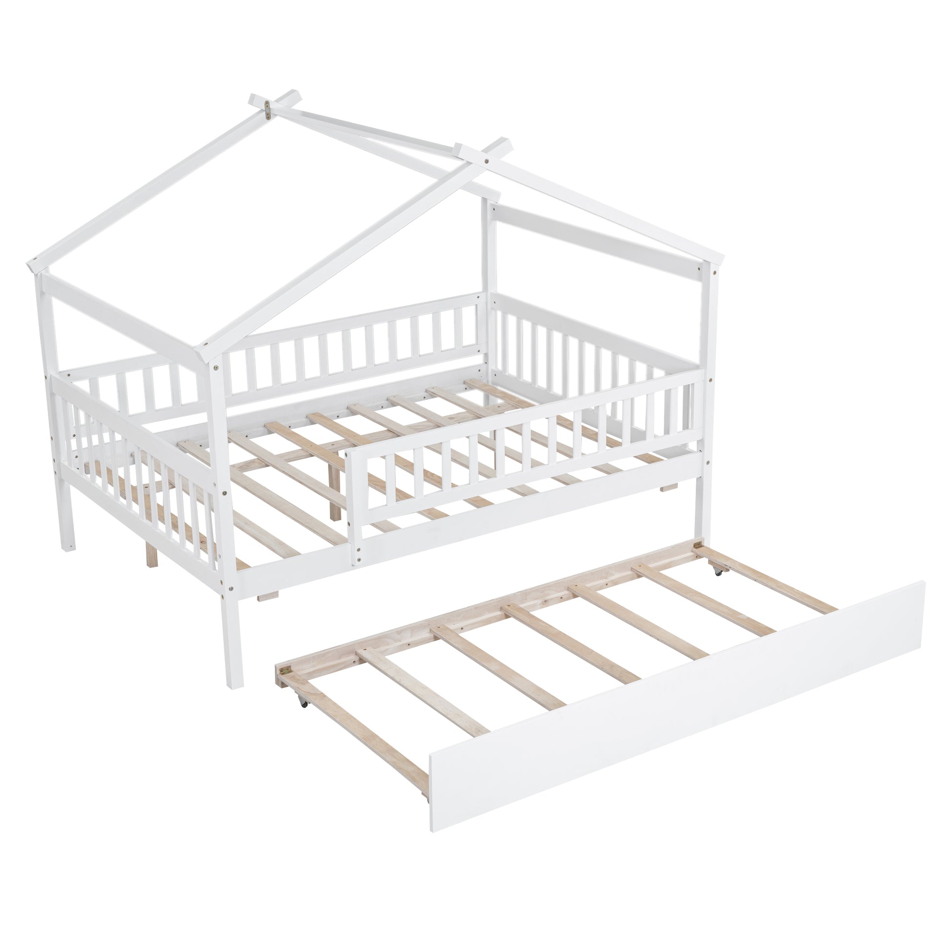 Full Size Wooden House Bed With Twin Size Trundle, White Full White Solid Wood Mdf