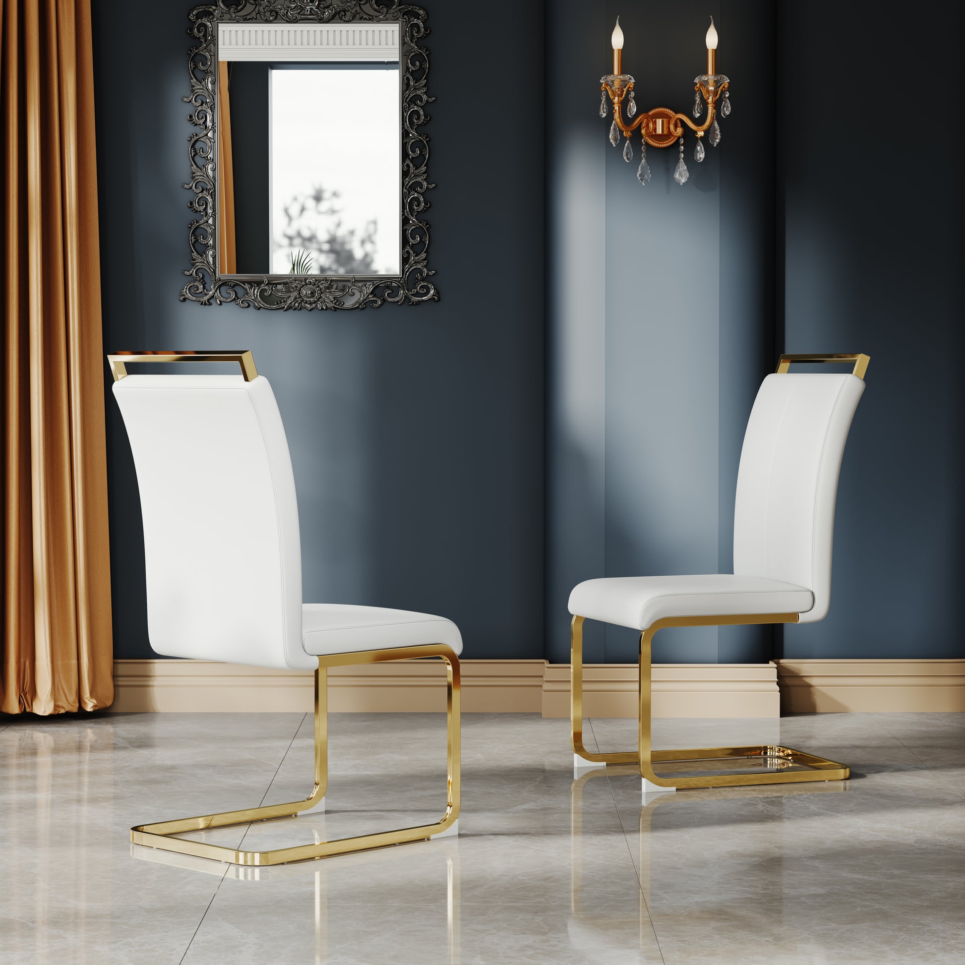 A Set Of 4 Artificial Leather Dining Chairs, Featuring An Arched Chair Design And Paired With Stainless Steel Legs. Gold White Pu Leather