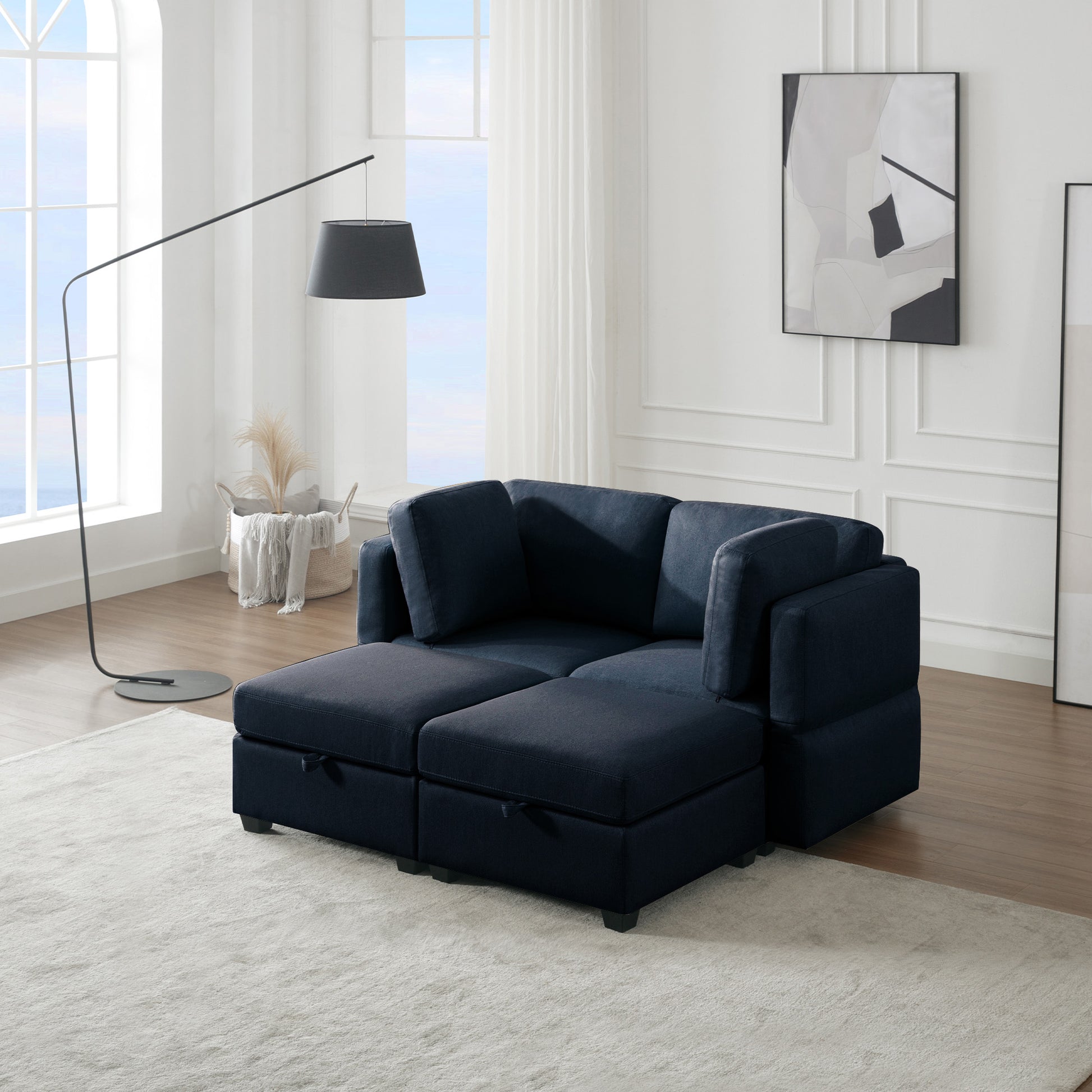 Modular Sectional 2 Seater Sofa With 2 Ottomanssleeper Sofa Bed Modular Sofa With Chaiseadjustable Arms And Backs Blue Blue Polyester 2 Seat