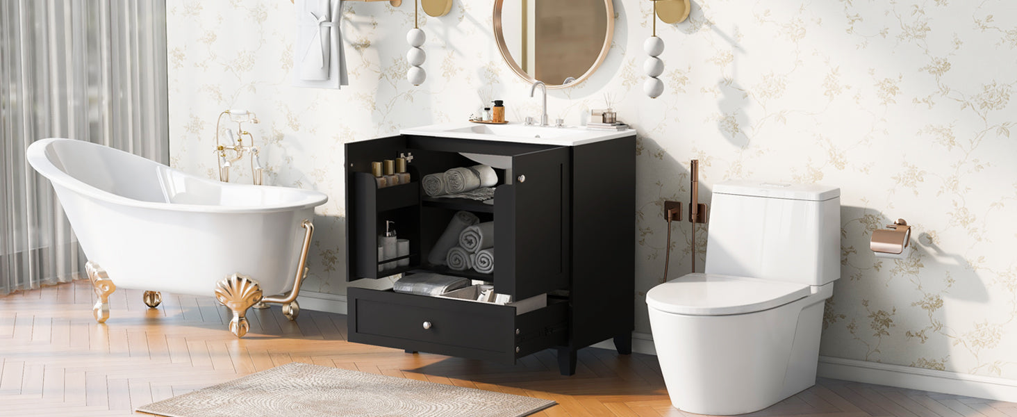 30" Black Bathroom Vanity Set With Ceramic Sink And Large Storage Space Ideal For Small Bathrooms Black Bathroom Solid Wood Mdf