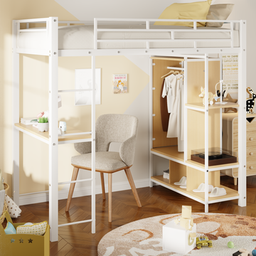 Twin Size Metal Loft Bed With Built In Wardrobe, Desk And Shelves, White Box Spring Not Required Twin White Metal Mdf Metal